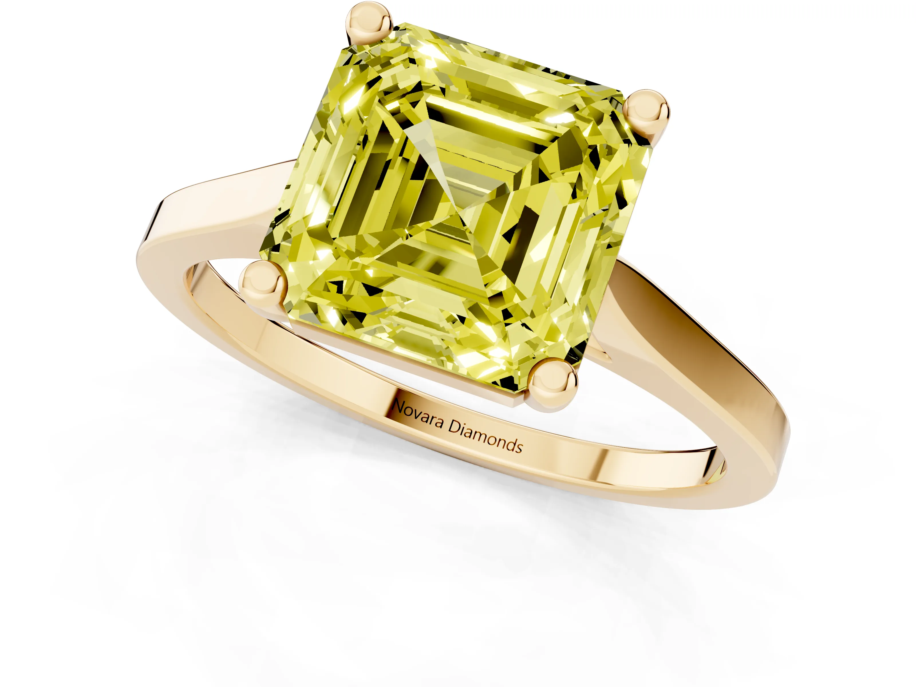 Fancy Yellow Asscher Cut Diamond Solitaire Ring Set in Yellow gold with Prong Setting and Tapered Band