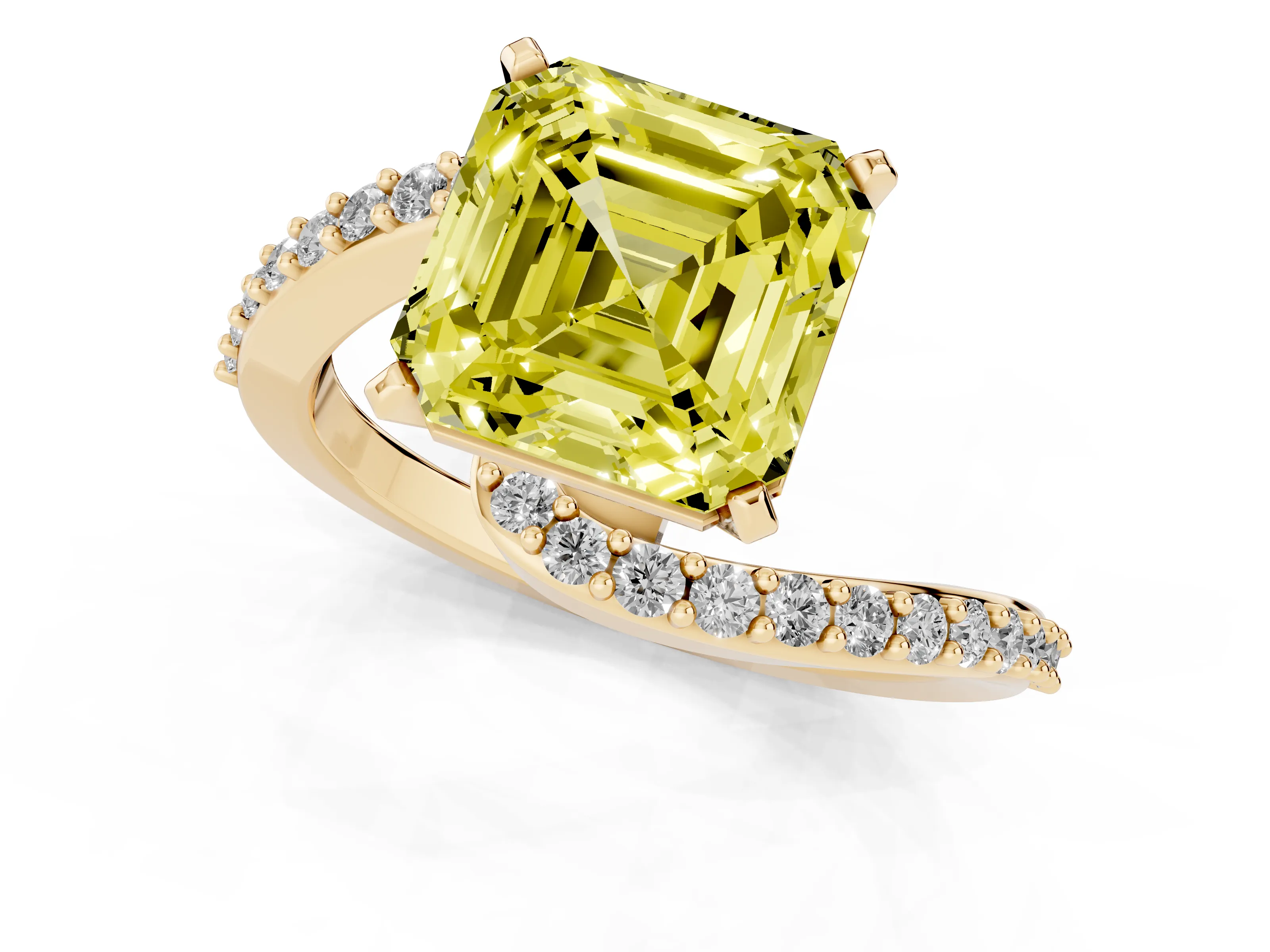 Fancy Yellow Asscher Cut Diamond Solitaire Ring Set in Yellow gold with Pavé Twist Band and Prong Setting
