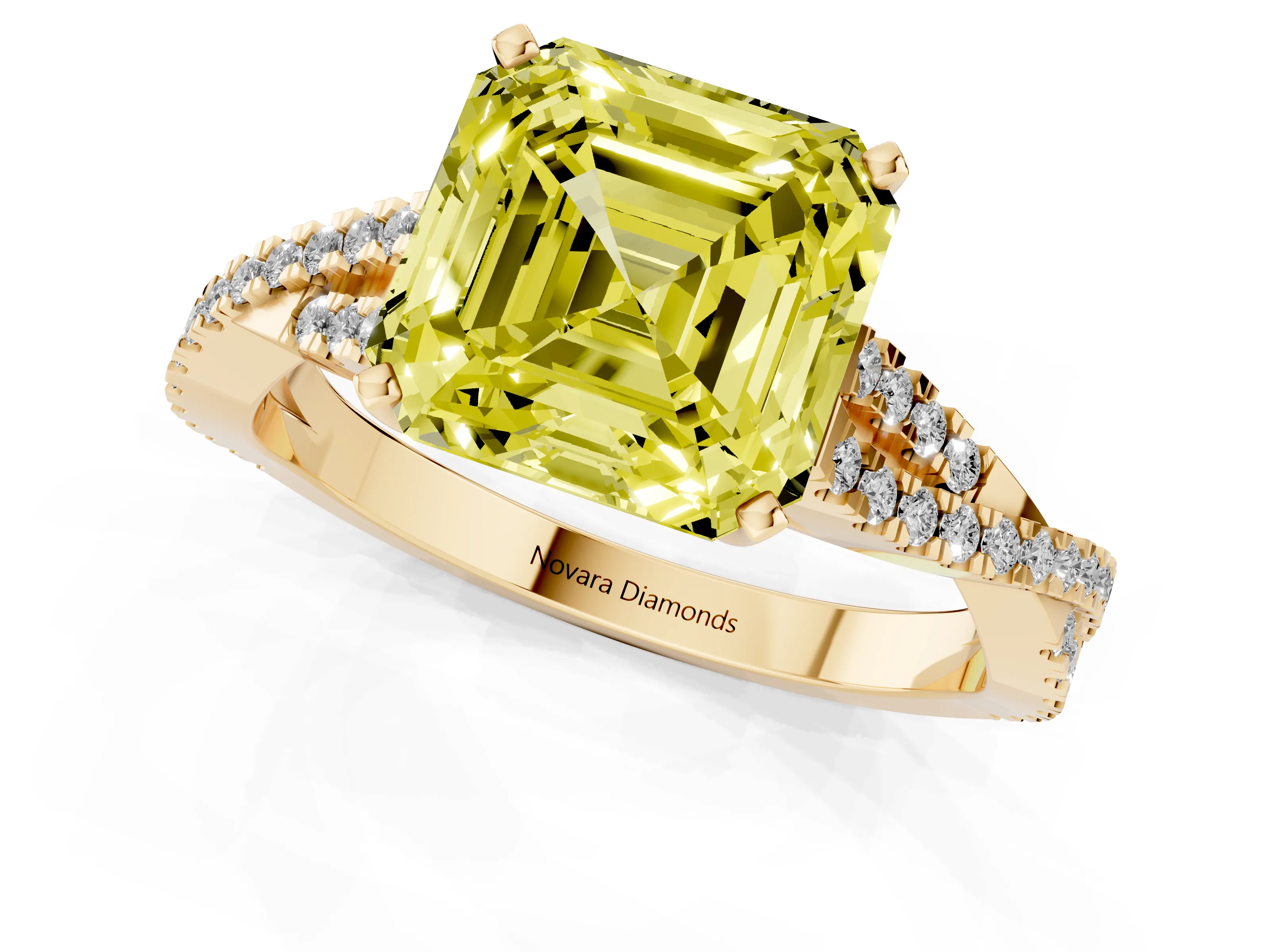 Fancy Yellow Asscher Cut Diamond Solitaire Engagement Ring Set in Yellow gold with Twisted Pavé Band and Prong Setting
