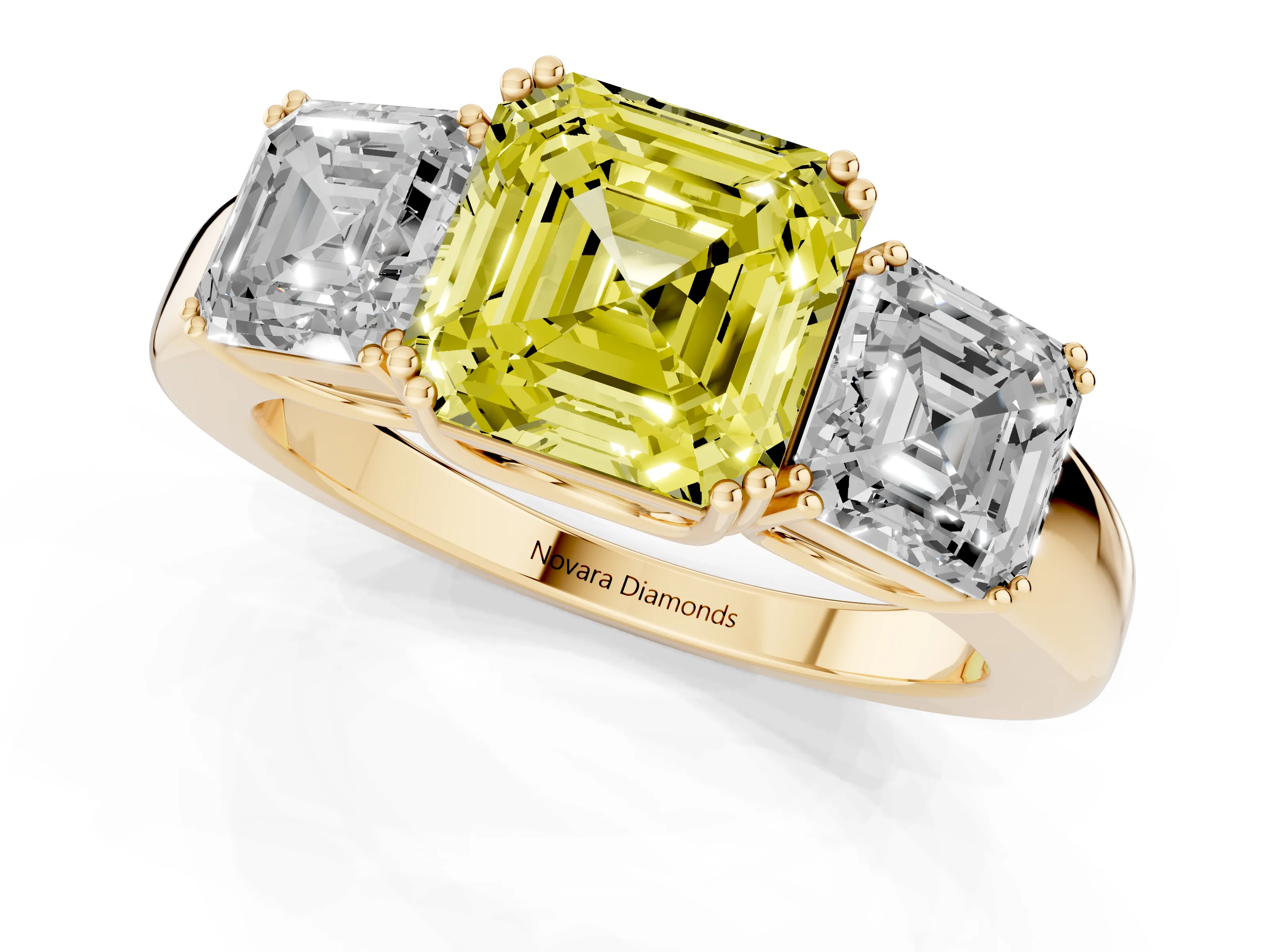 Fancy Yellow Asscher Cut Diamond Three-Stone Ring Set in Yellow gold with Polished Band and Prong Setting