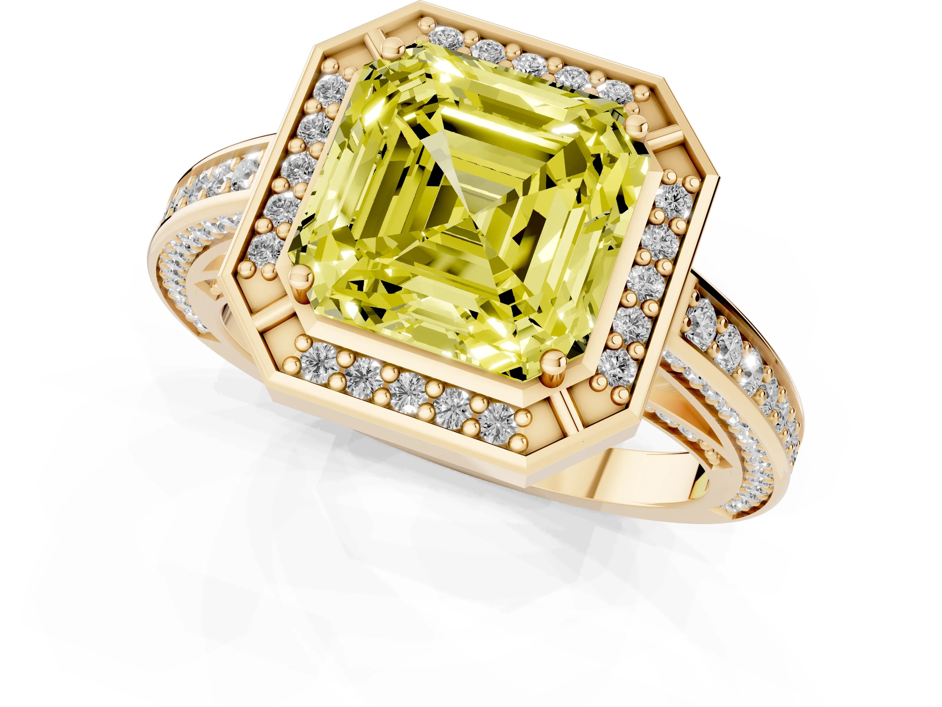 Fancy Yellow Asscher Cut Diamond Halo Pavé Split Shank Ring Set in Yellow gold with Prong Setting