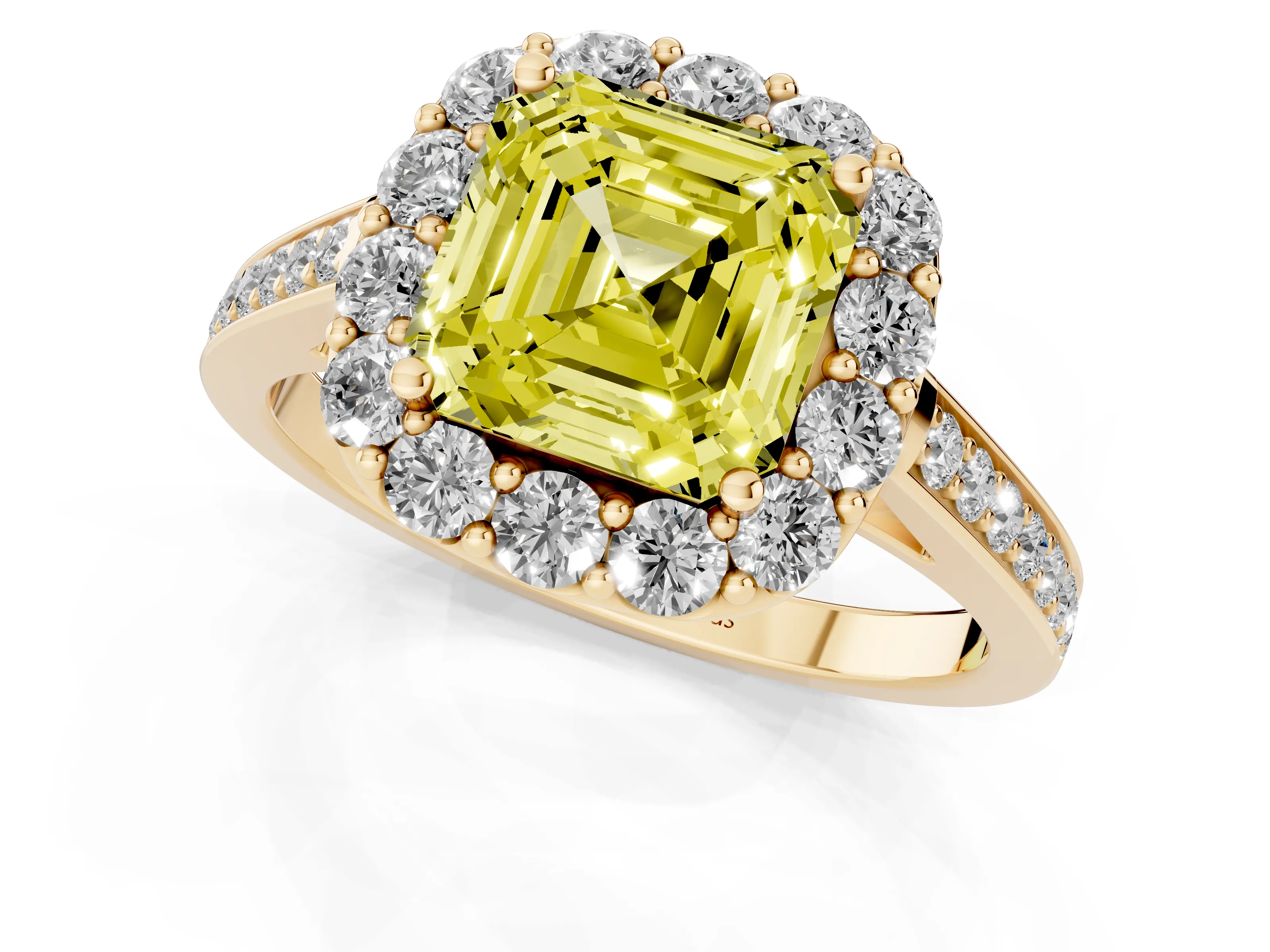 Fancy Yellow Asscher Cut Diamond Floral Halo Ring Set in Yellow gold with Pavé Band and Prong Setting