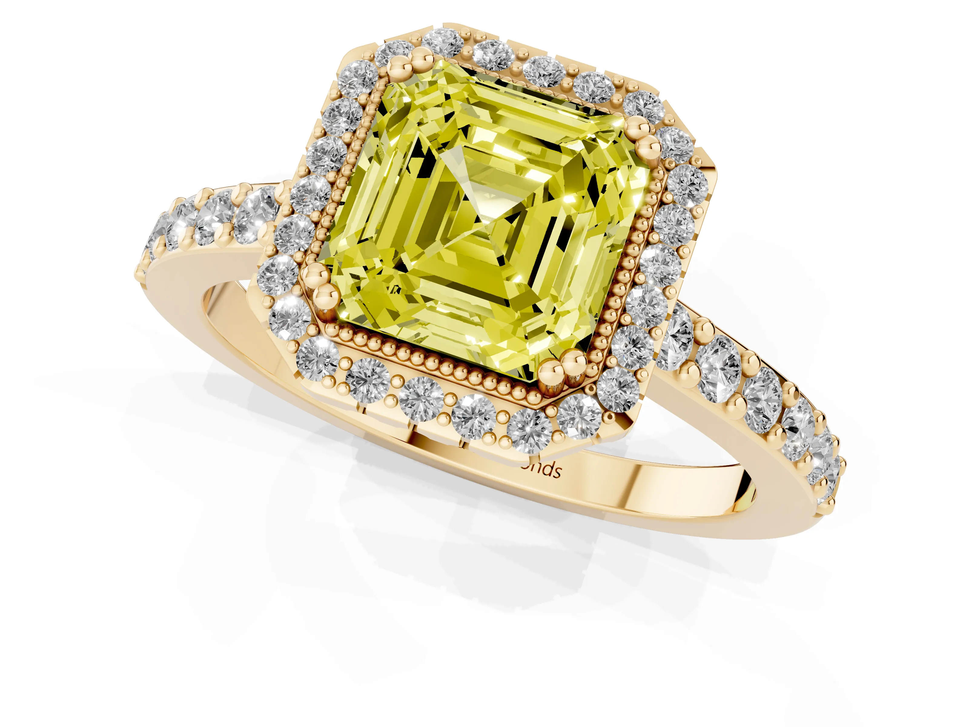 Fancy Yellow Asscher Cut Diamond Halo Engagement Ring Set in Yellow gold with Milgrain Detail and Pavé Band