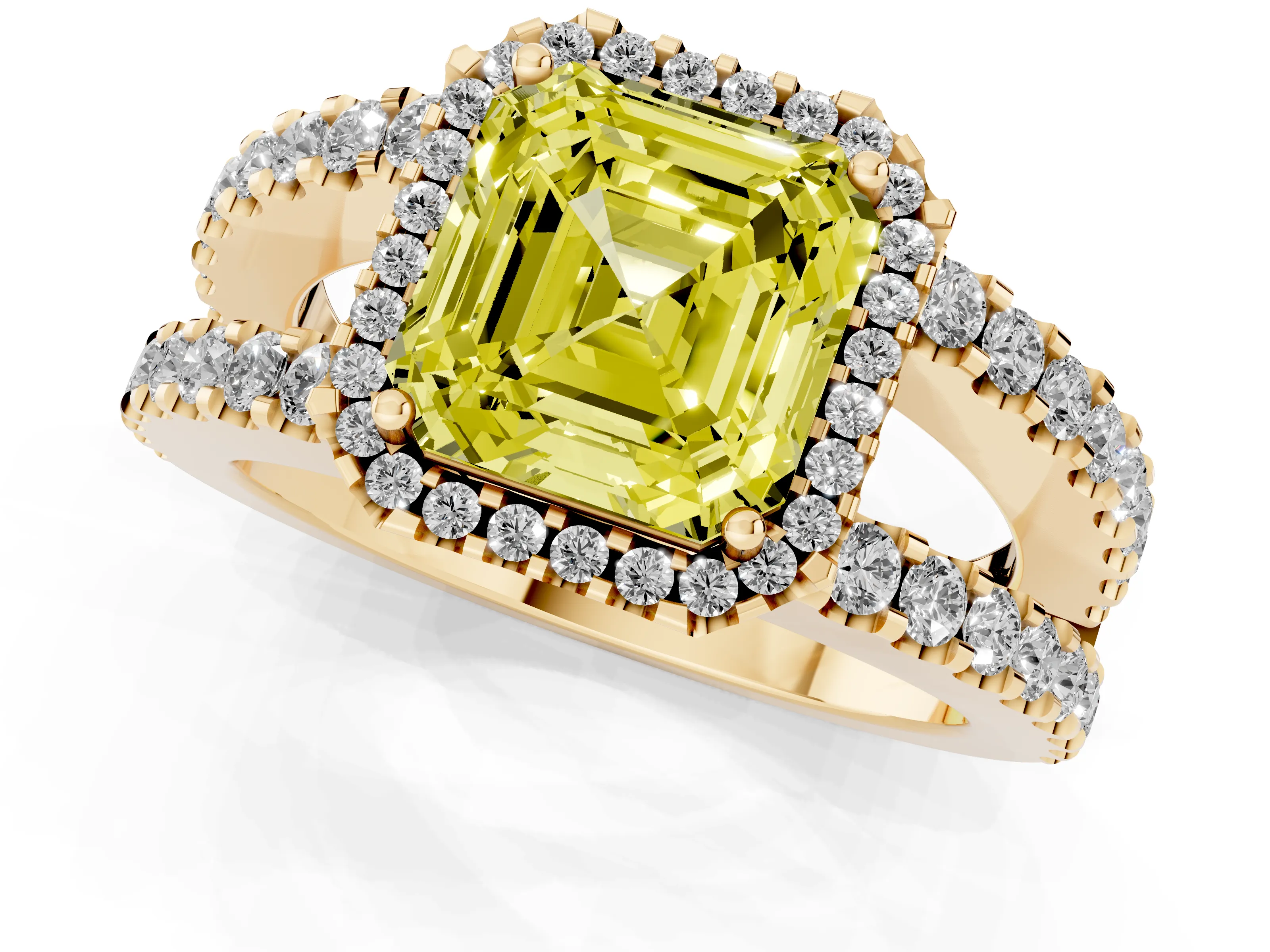 Fancy Yellow Asscher Cut Diamond Halo Ring Set in Yellow gold with Pavé Split Shank and Prong Setting