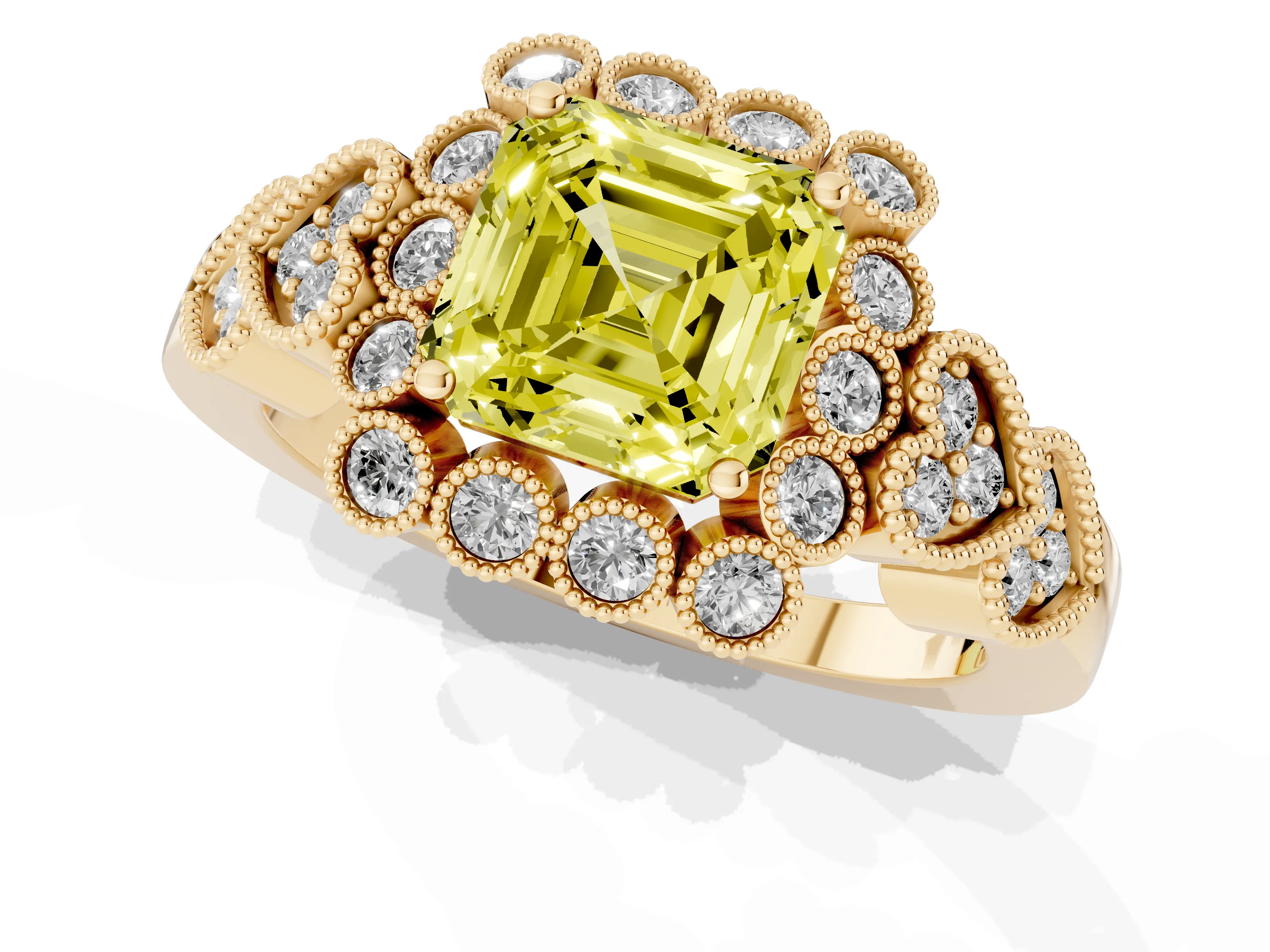 Fancy Yellow Asscher Cut Diamond Solitaire Ring Set in Yellow gold with Milgrain Pavé Heart Band