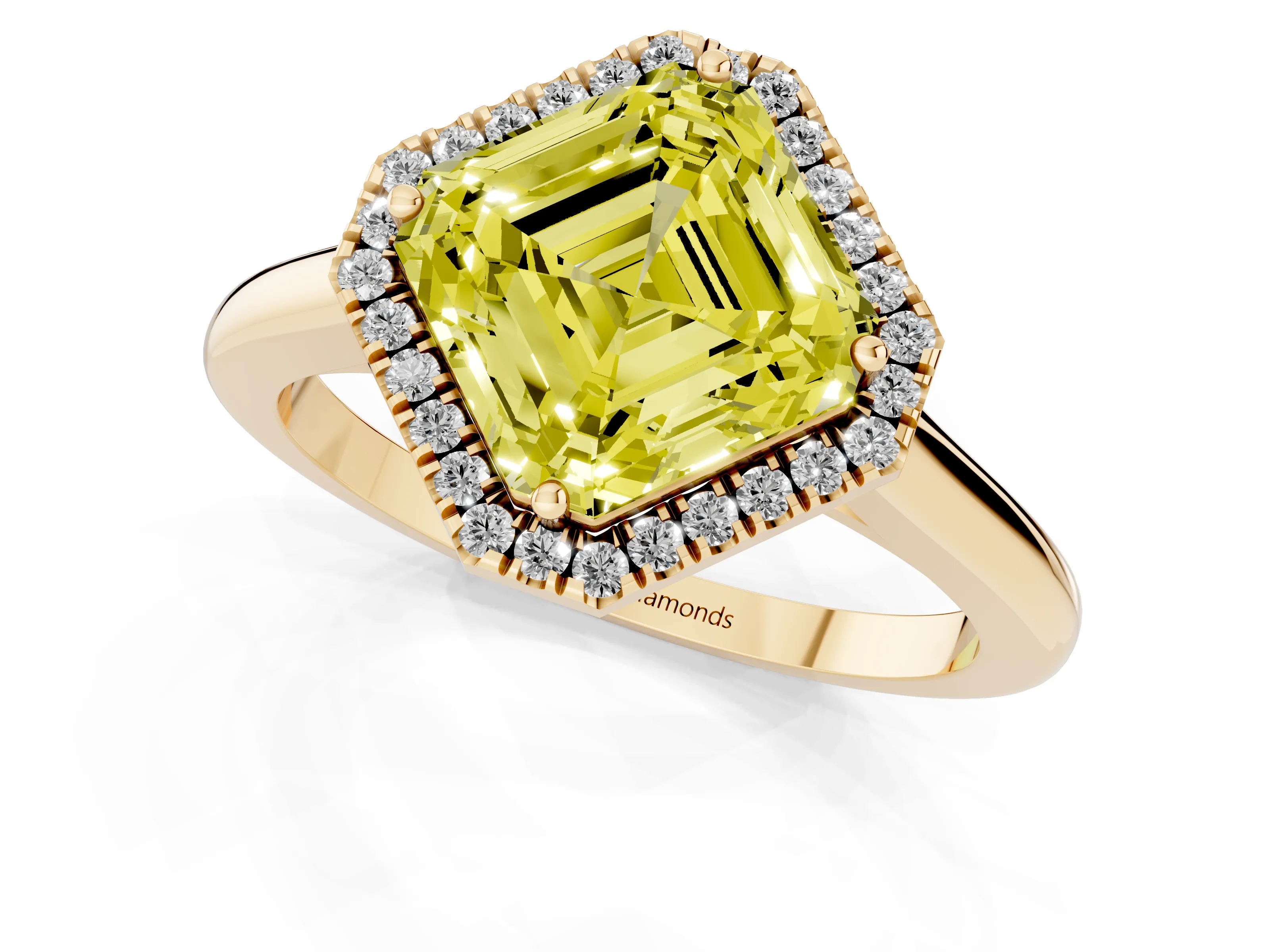 Fancy Yellow Asscher Cut Diamond Halo Engagement Ring Set in Yellow gold with Pavé Band and Rising Shoulders