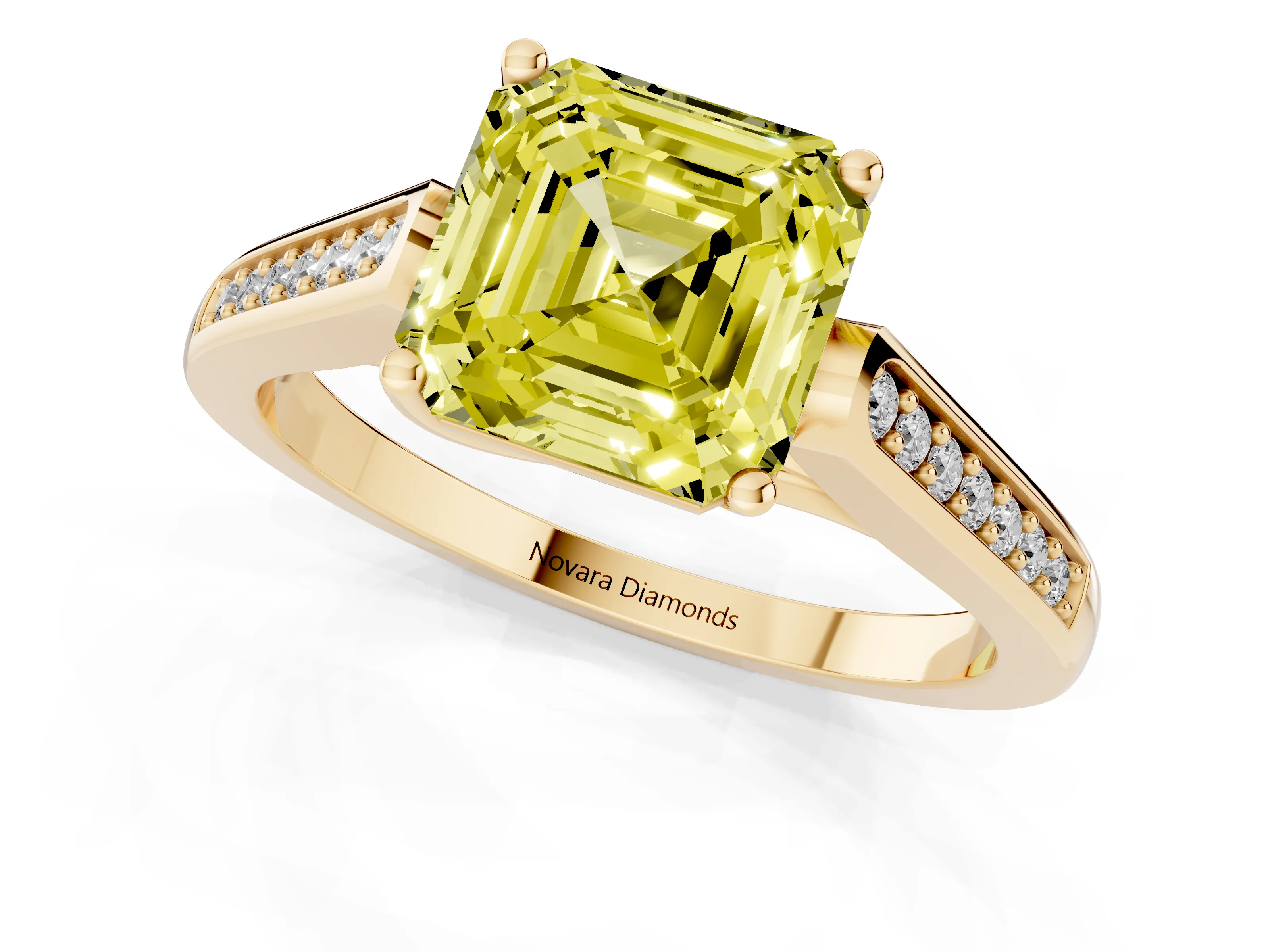 Fancy Yellow Asscher Cut Diamond Solitaire Cathedral Engagement Ring Set in Yellow gold with Channel-Set Band and Prong Setting