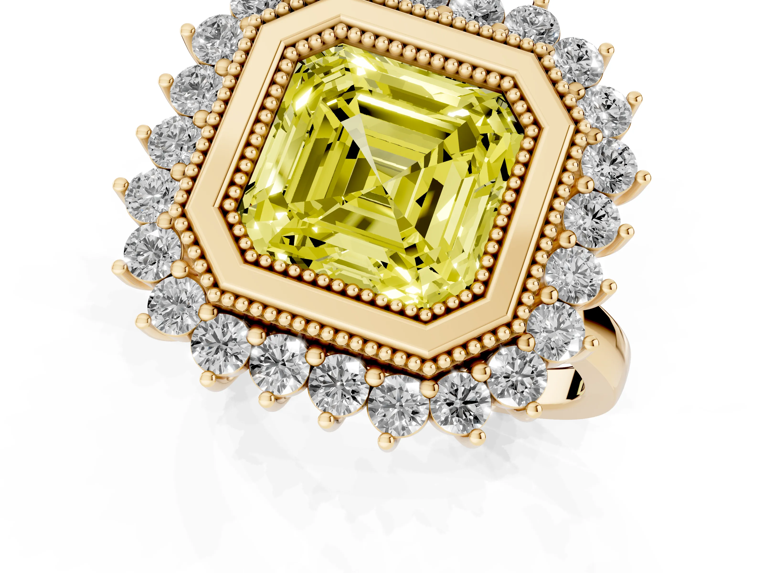 Fancy Yellow Asscher Cut Diamond Halo Ring Set in Yellow gold with Milgrain Edge and Round Prong Setting
