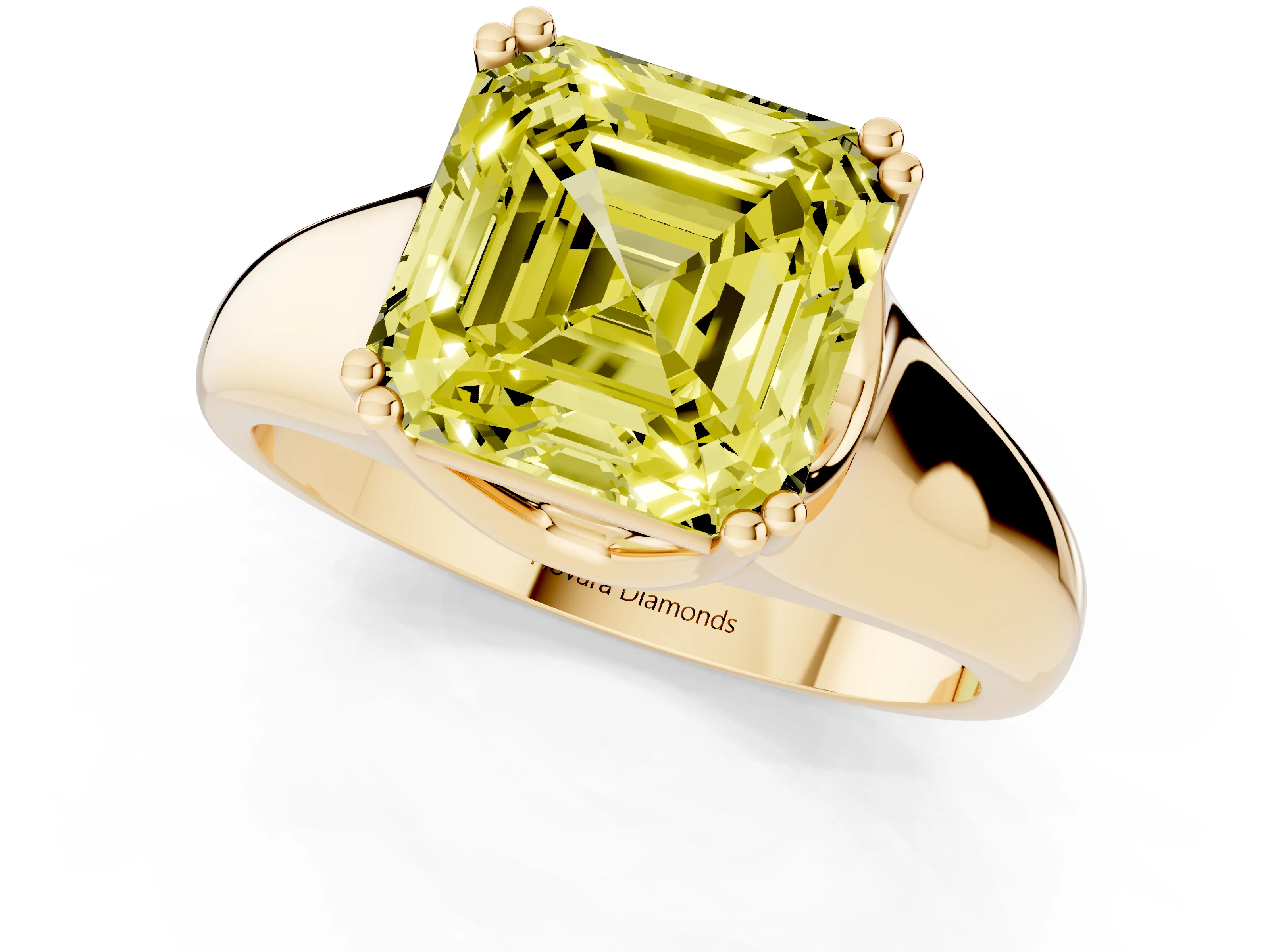Fancy Yellow Asscher Cut Diamond Solitaire Ring Set in Yellow gold with Wide Band and Prong Setting