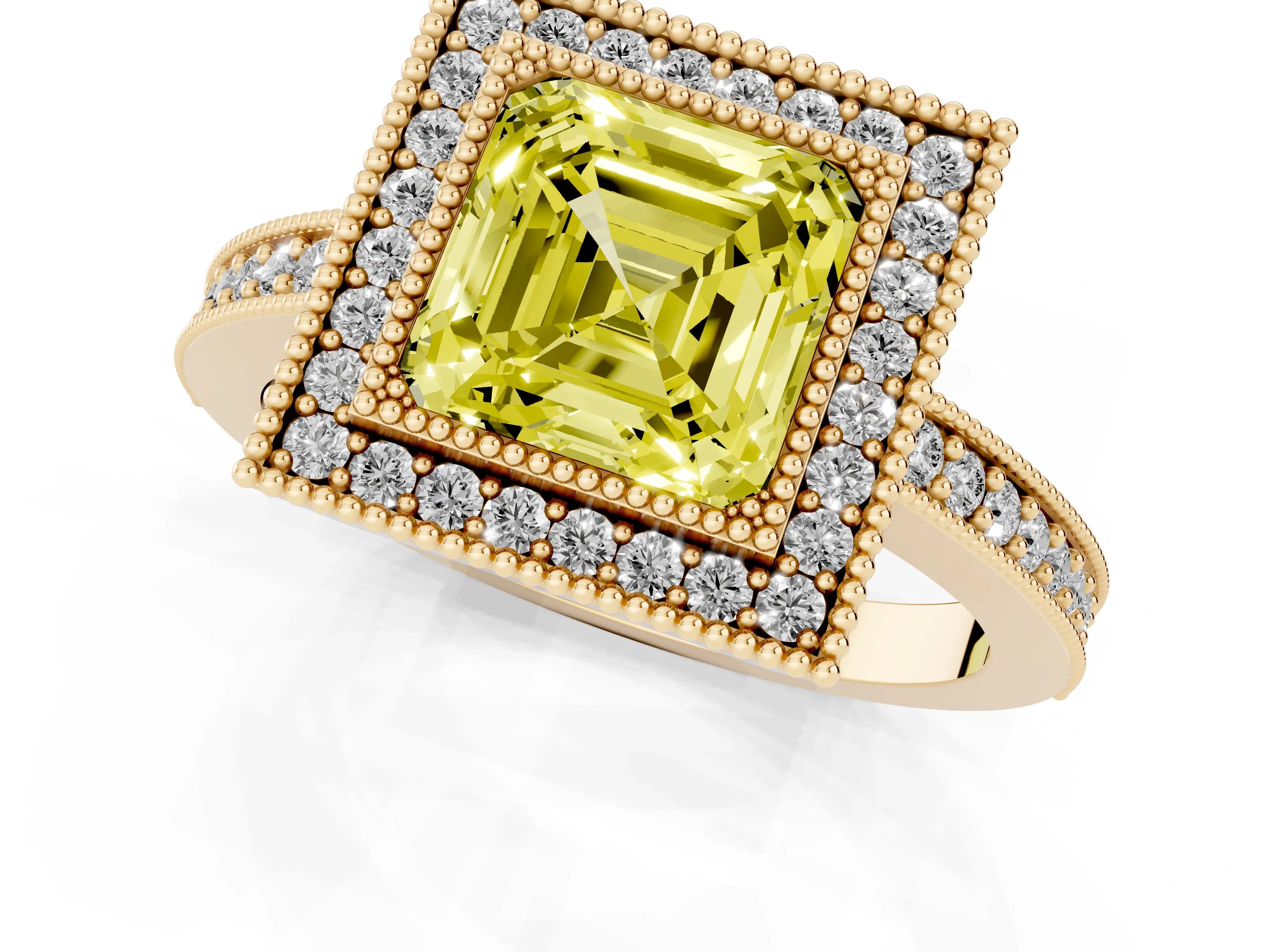 Fancy Yellow Asscher Cut Diamond Halo Engagement Ring Set in Yellow gold with Pavé Band and Round Halo Stones