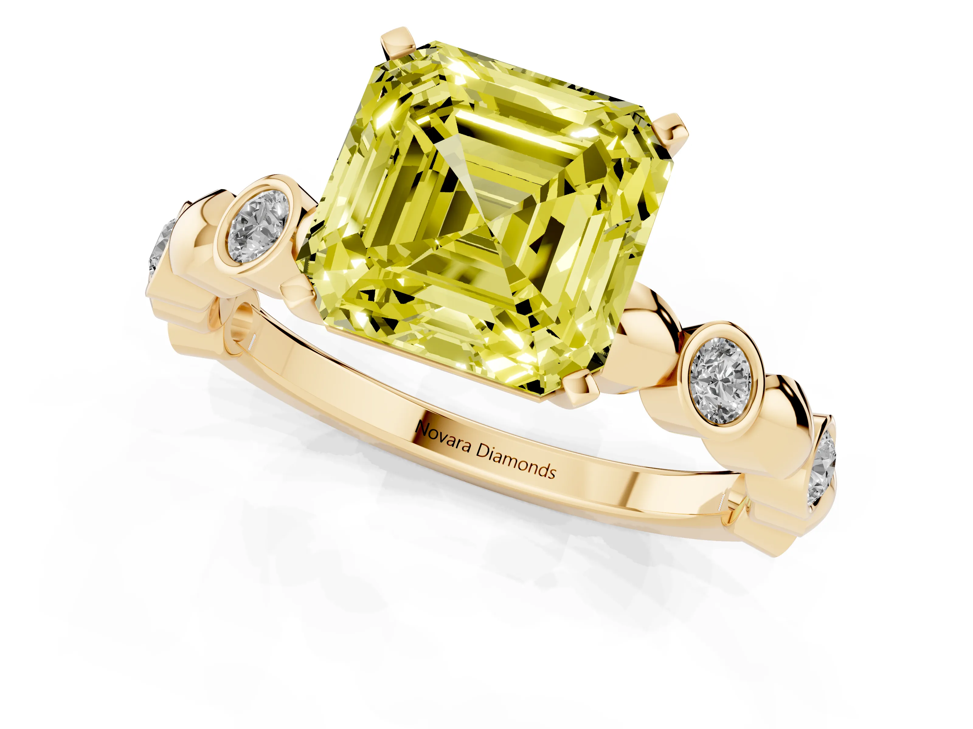 Fancy Yellow Asscher Cut Diamond Solitaire Ring Set in Yellow gold with Bezel-Set Accents on Beaded Band and Prong Setting