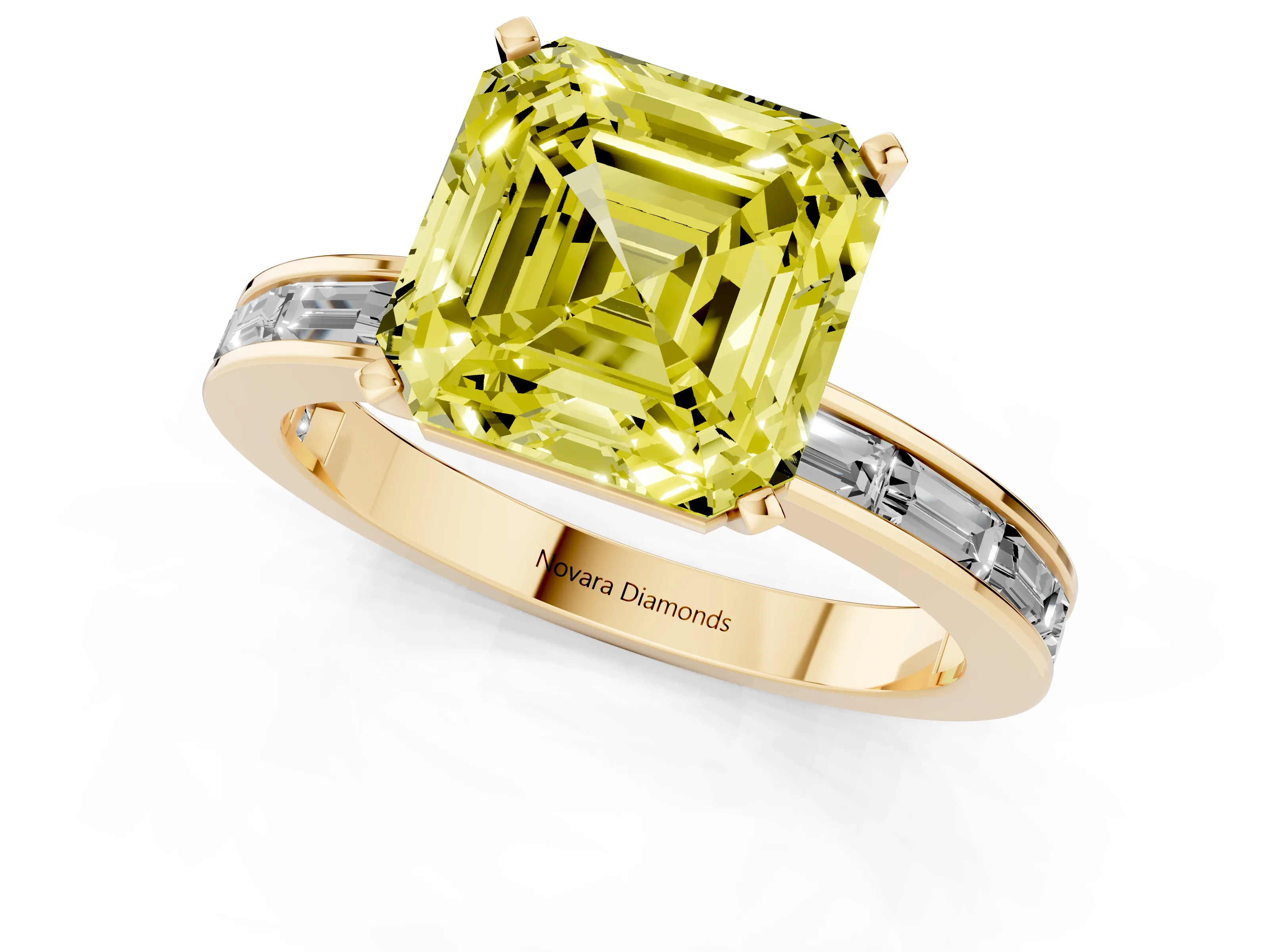 Fancy Yellow Asscher Cut Diamond Solitaire Ring Set in Yellow gold with Channel-Set Baguette Band and Prong Setting