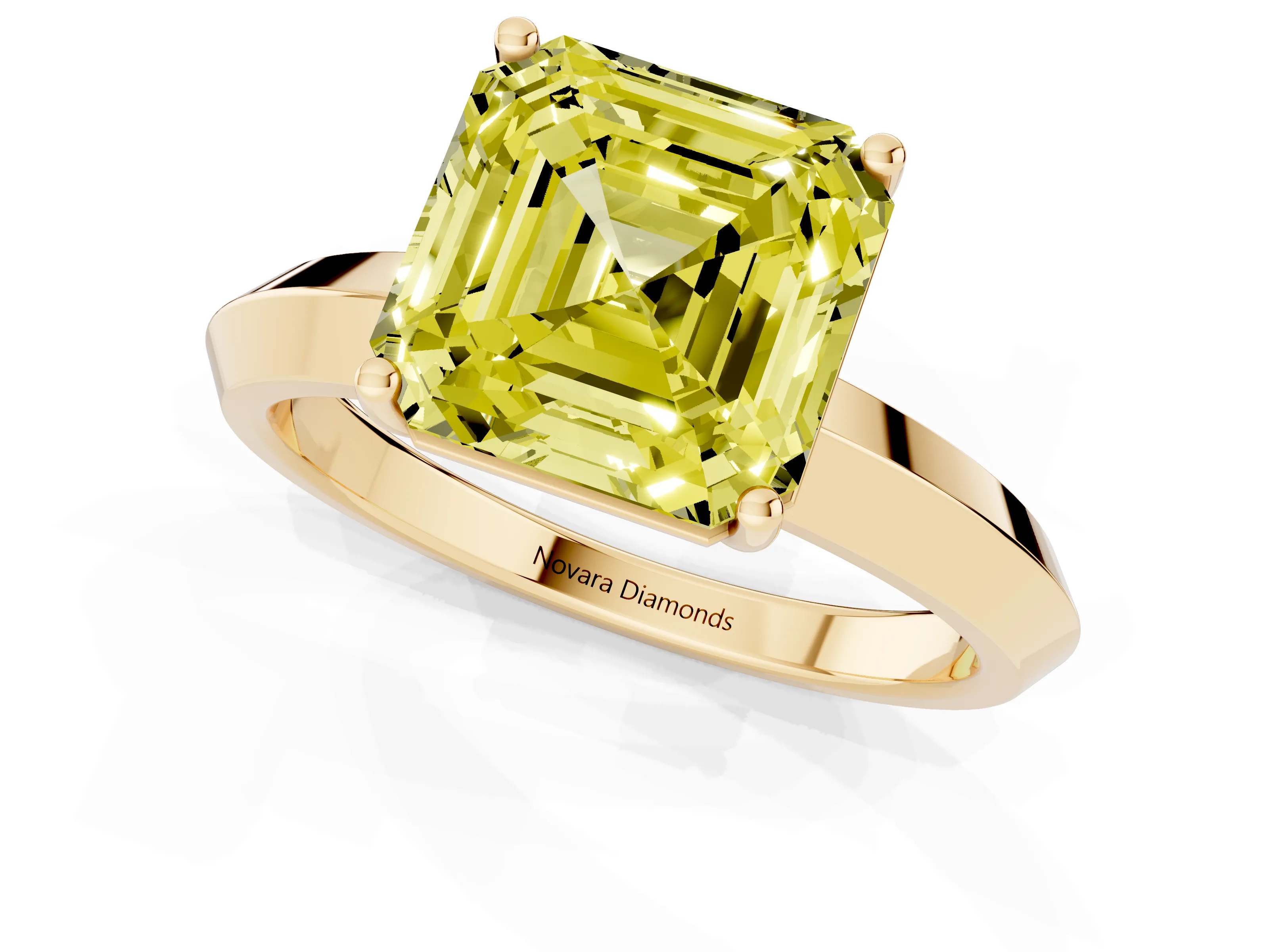 Fancy Yellow Asscher Cut Diamond Solitaire Engagement Ring Set in Yellow gold with Flat Band and Prong Setting