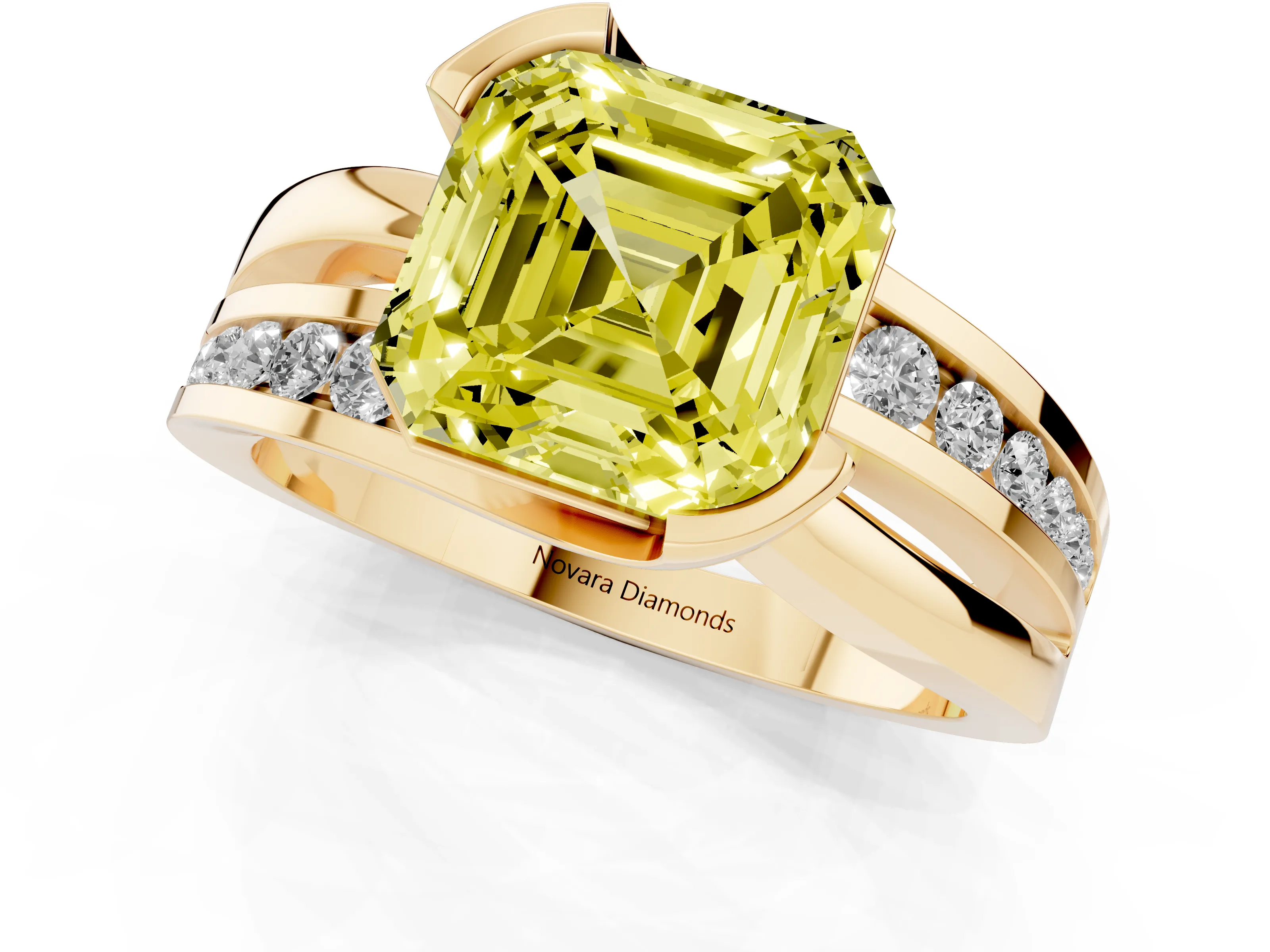 Fancy Yellow Asscher Cut Diamond Solitaire Ring Set in Yellow gold with Channel Set Split Shank and Tension Prongs