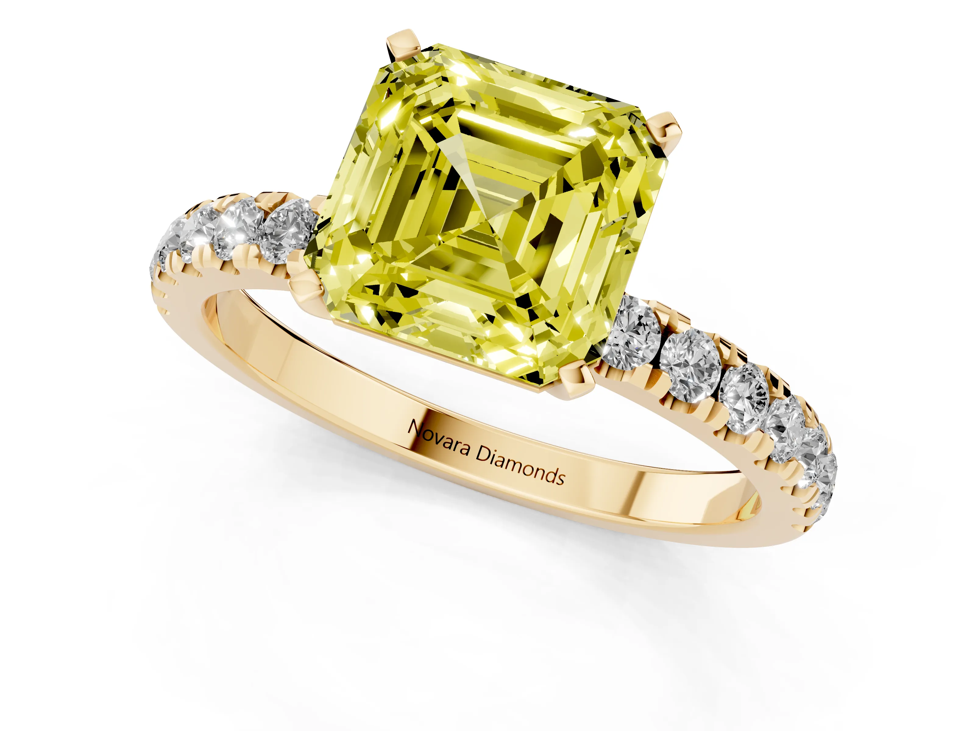 Fancy Yellow Asscher Cut Diamond Solitaire Ring Set in Yellow gold with Pavé Accents and Prong Setting