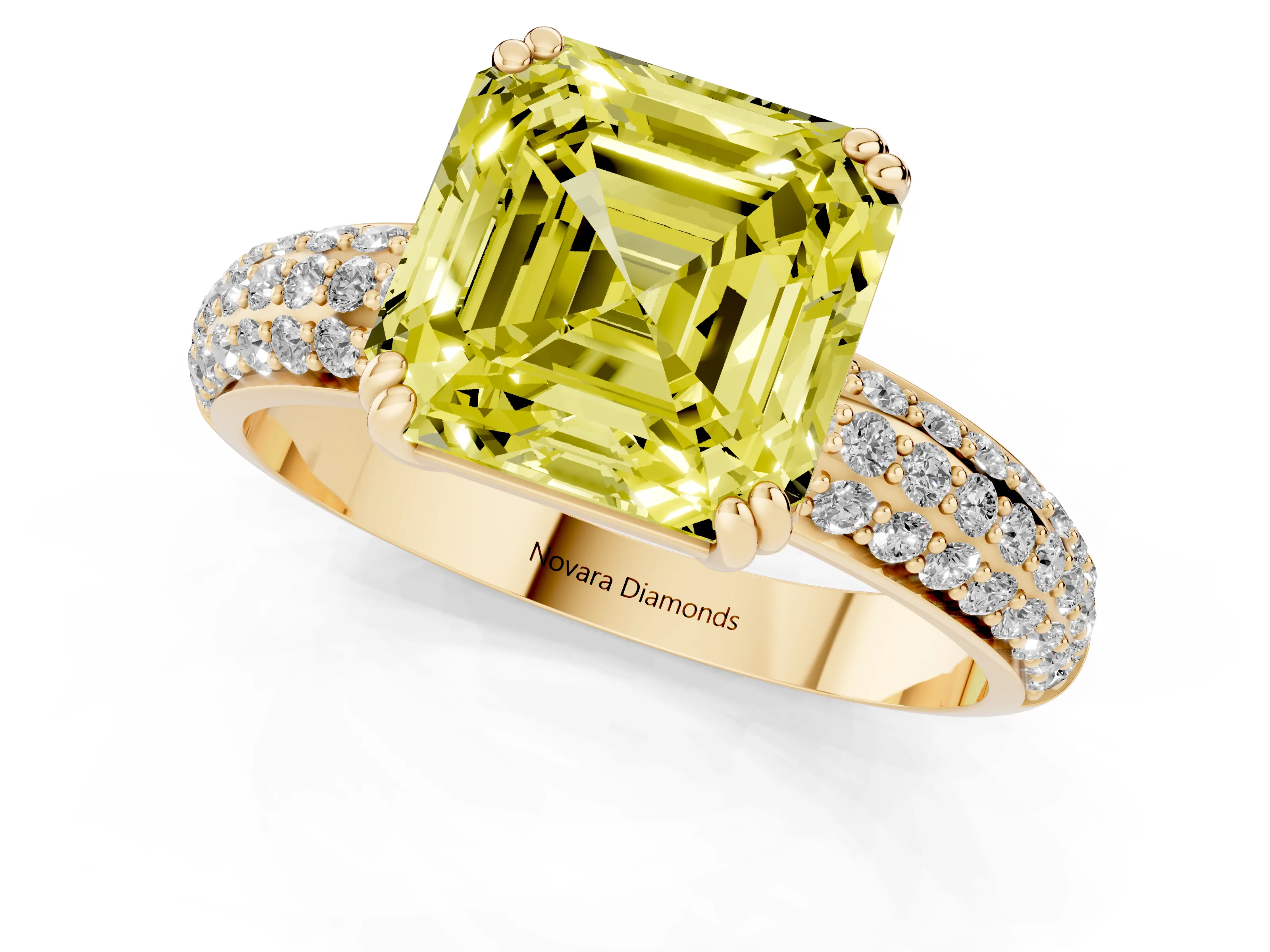 Fancy Yellow Asscher Cut Diamond Solitaire Ring Set in Yellow gold with Multi-Row Round Pavé Band and Prong Setting