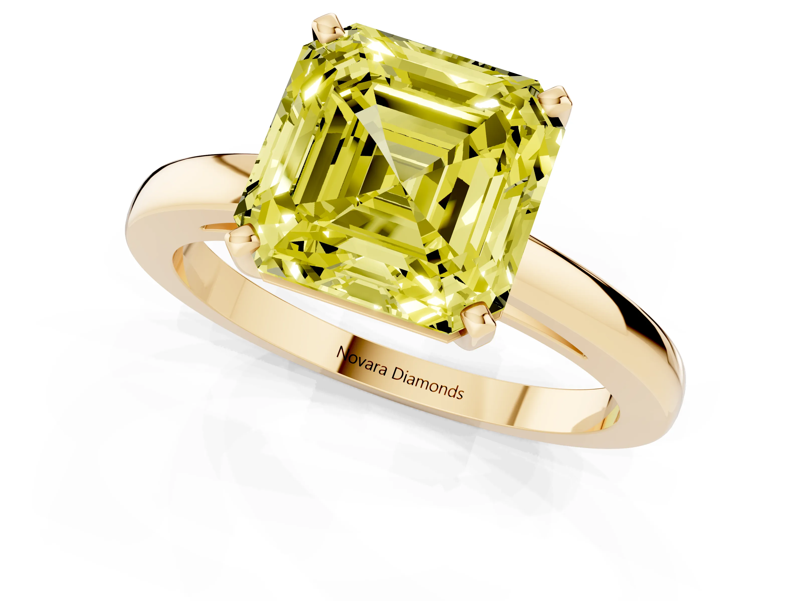 Fancy Yellow Asscher Cut Diamond Solitaire Engagement Ring Set in Yellow gold with Prong Setting on a Classic Band