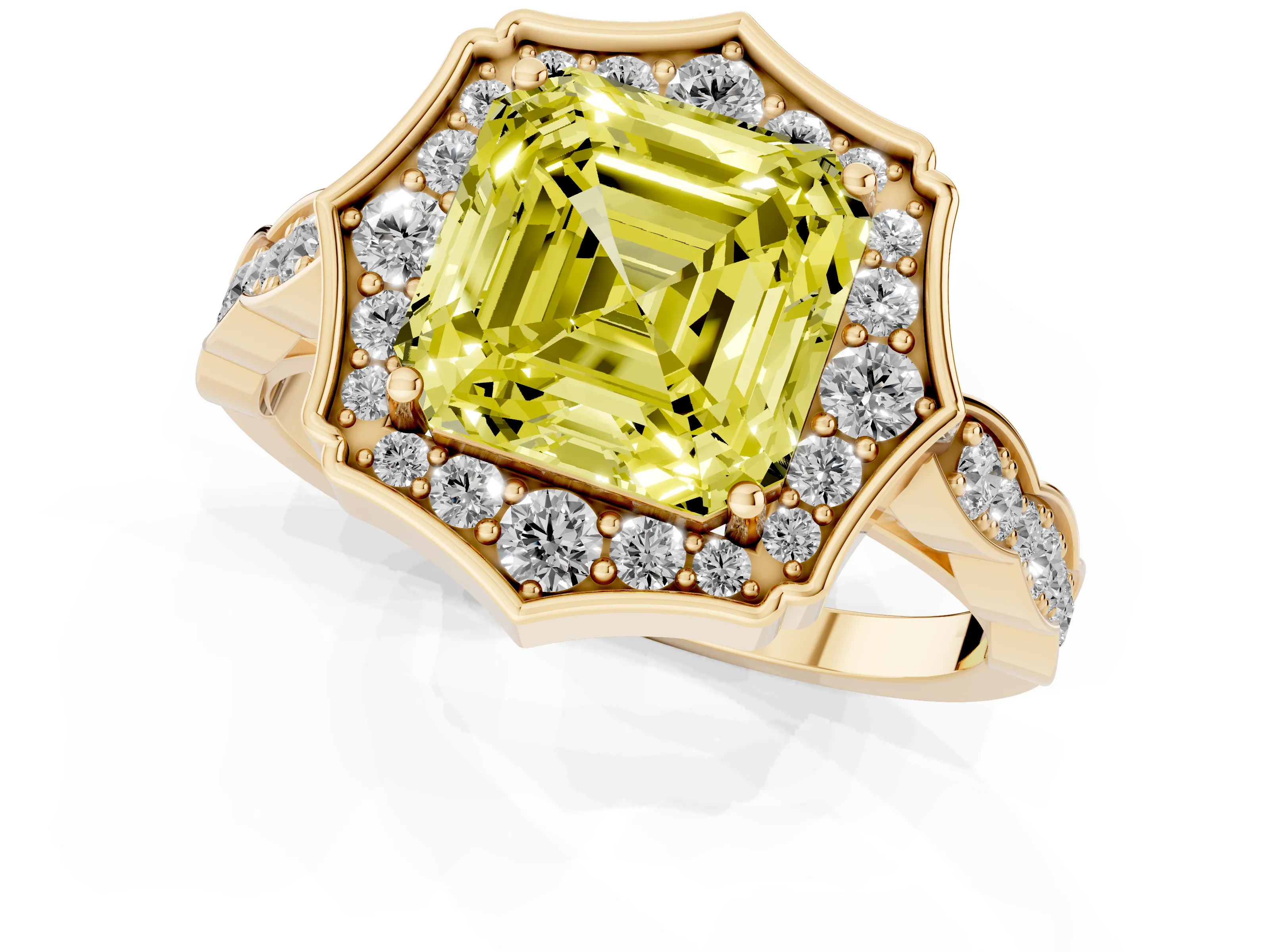 Fancy Yellow Asscher Cut Diamond Halo Engagement Ring Set in Yellow gold with Milgrain Band and Prong Setting