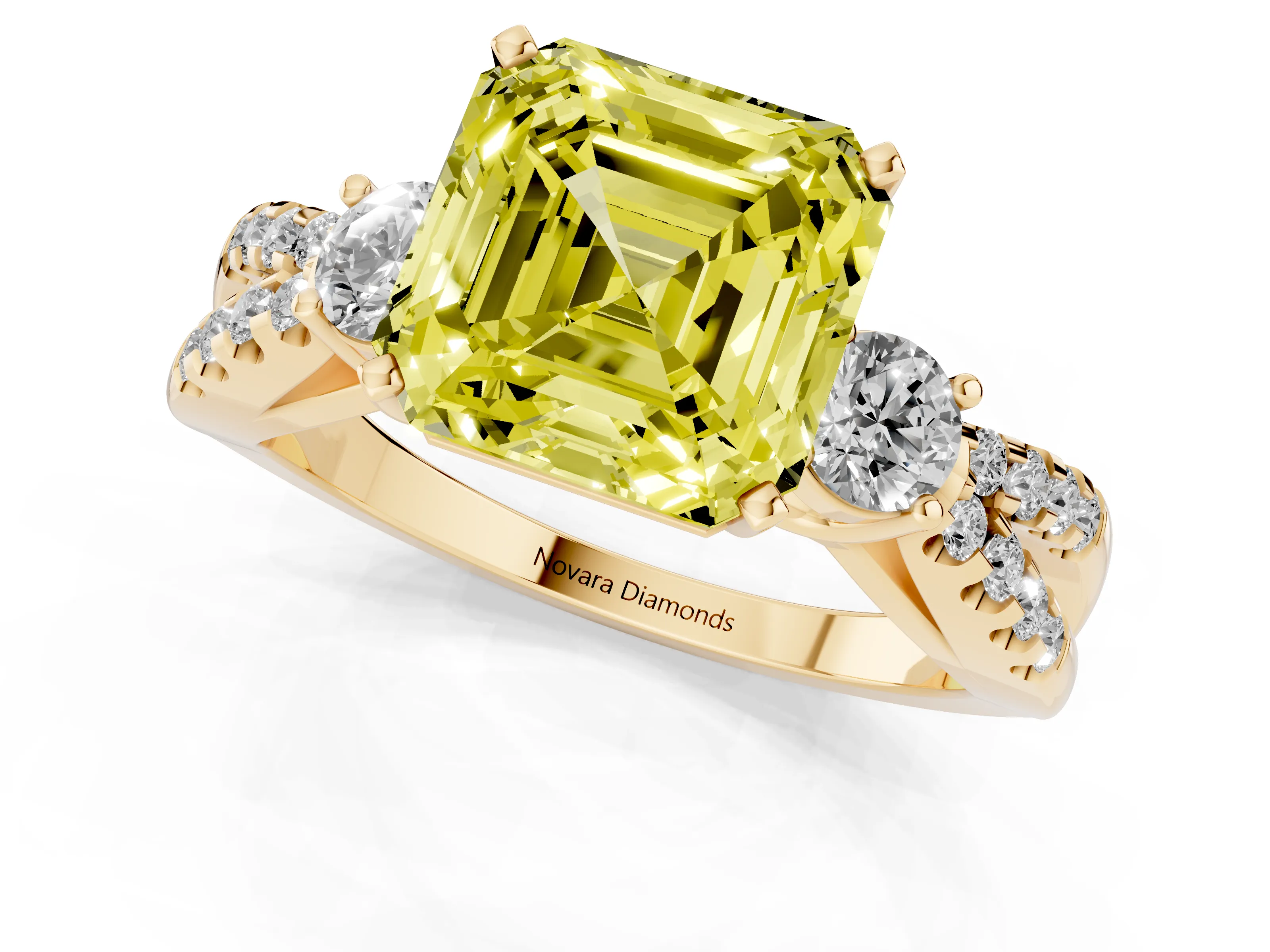 Fancy Yellow Asscher Cut Diamond Three-Stone Ring Set in Yellow gold with Pavé Split Shank and Prong Setting