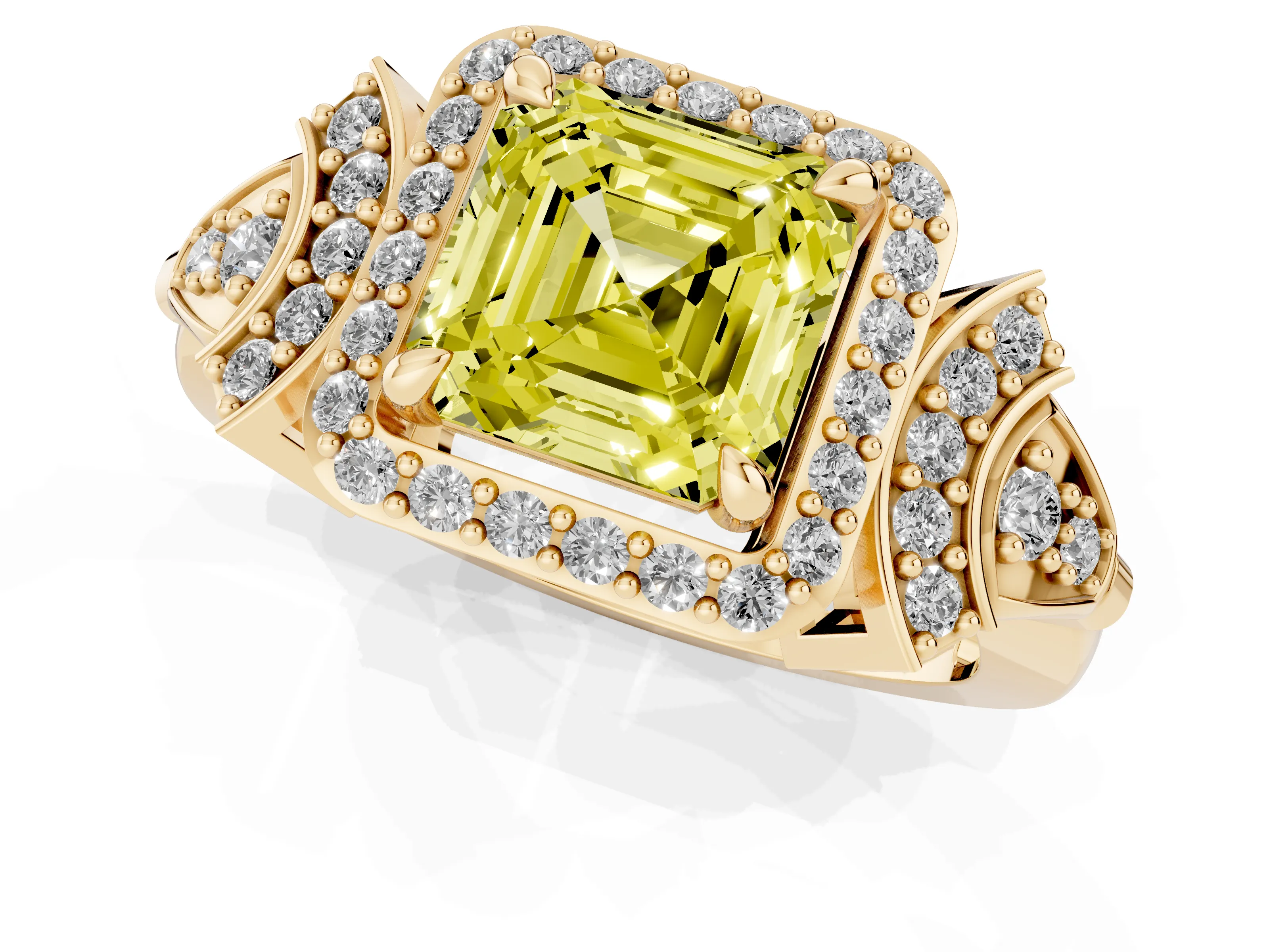 Fancy Yellow Asscher Cut Diamond Halo Engagement Ring Set in Yellow gold with Accent Stone Split Shank