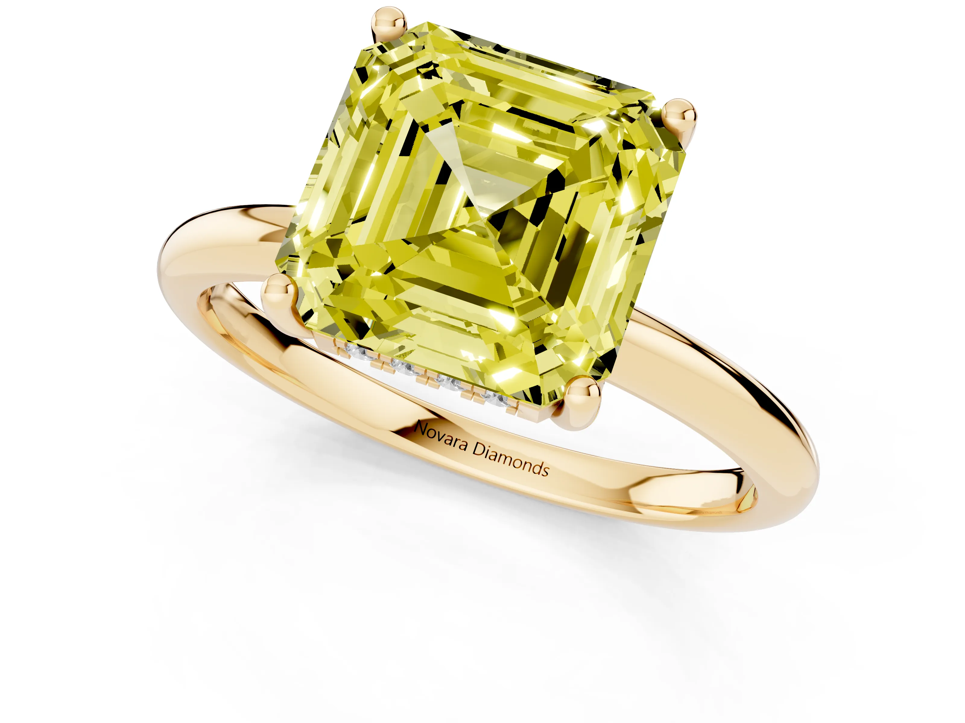 Fancy Yellow Asscher Cut Diamond Solitaire Engagement Ring Set in Yellow gold with Prong Setting and Polished Band