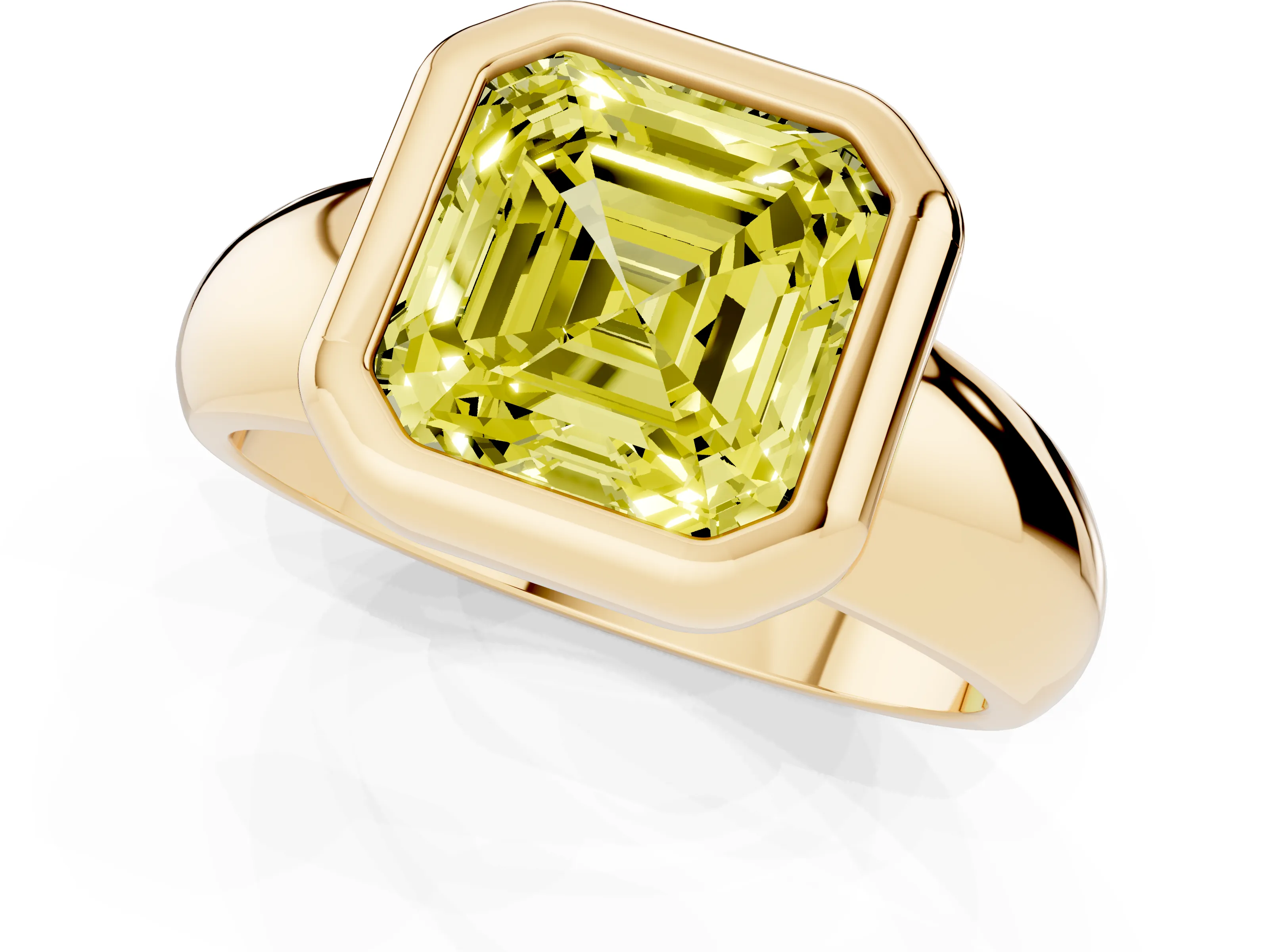 Fancy Yellow Bezel Set Asscher Cut Diamond Solitaire Ring Set in Yellow gold with Wide Band