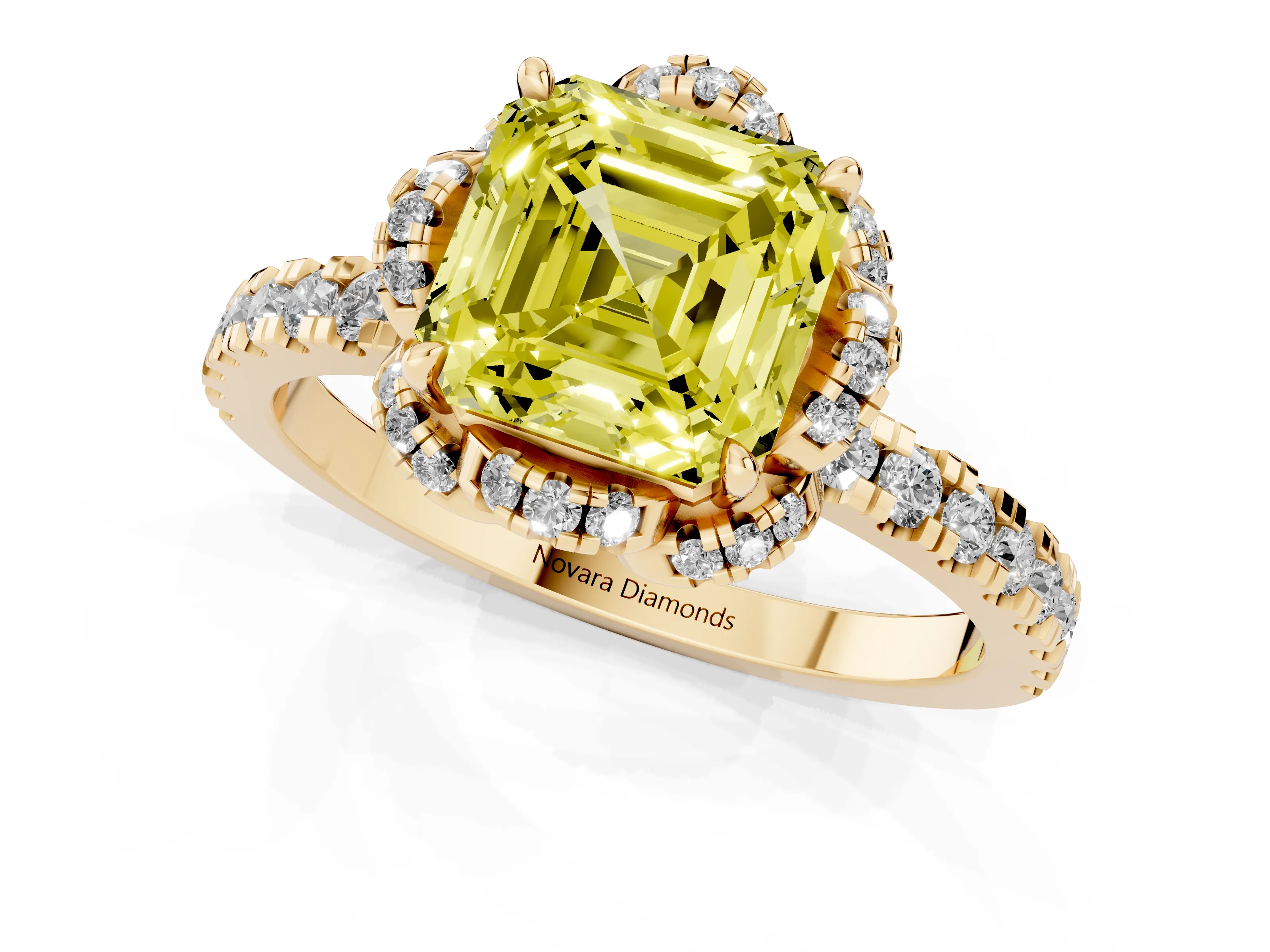 Fancy Yellow Asscher Cut Diamond Halo Pavé Ring Set in Yellow gold with Prong-Held Center Stone