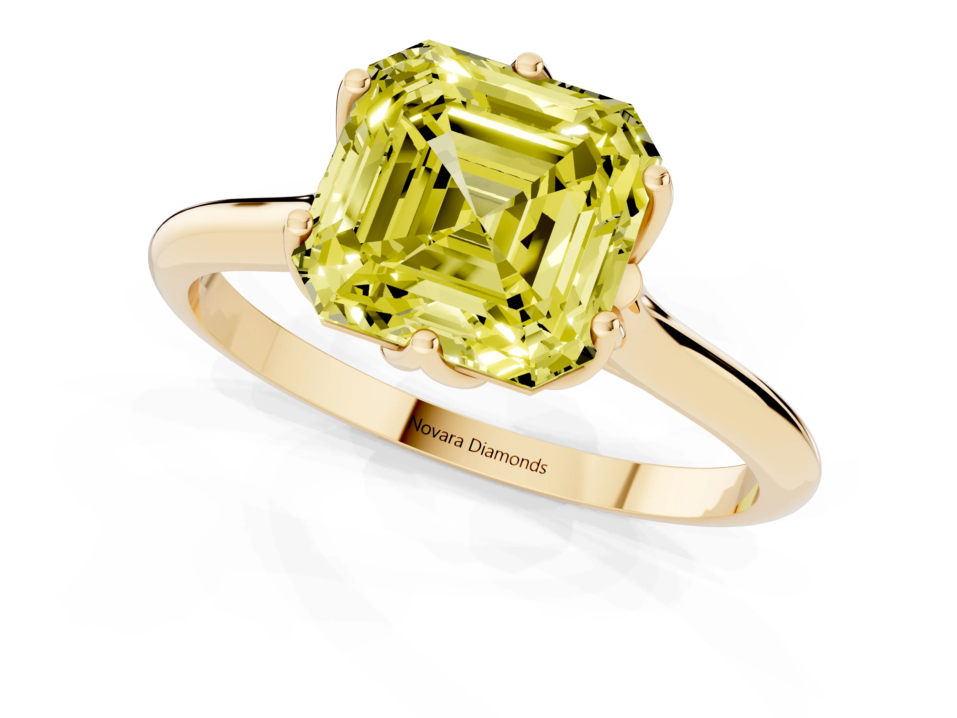 Fancy Yellow Asscher Cut Diamond Solitaire Cathedral Ring Set in Yellow gold with Prong Setting