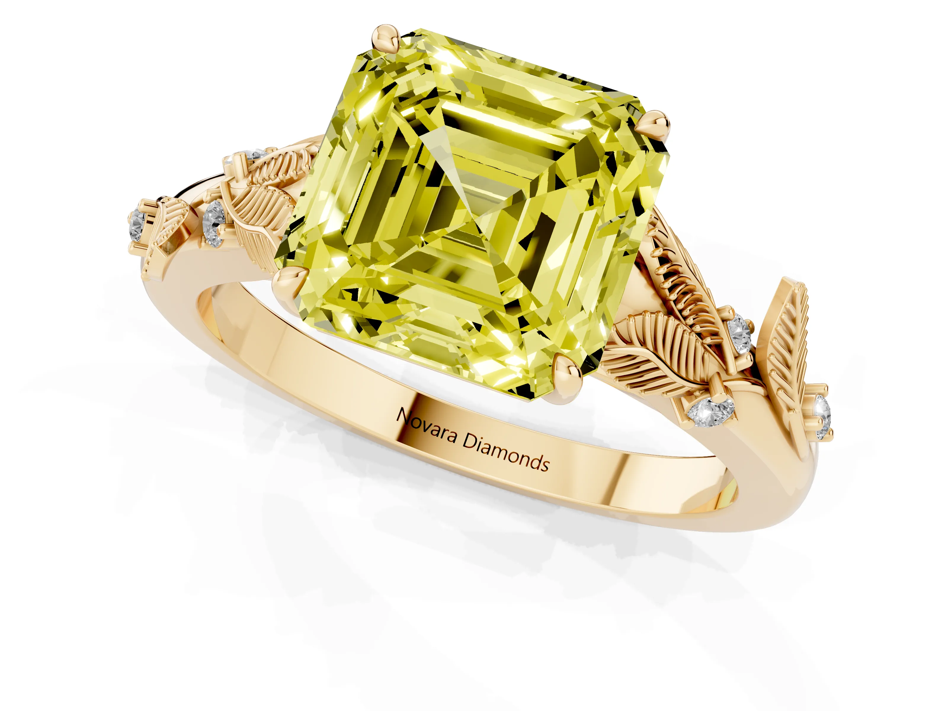 Fancy Yellow Asscher Cut Diamond Solitaire Ring Set in Yellow gold with Leaf Motif Band
