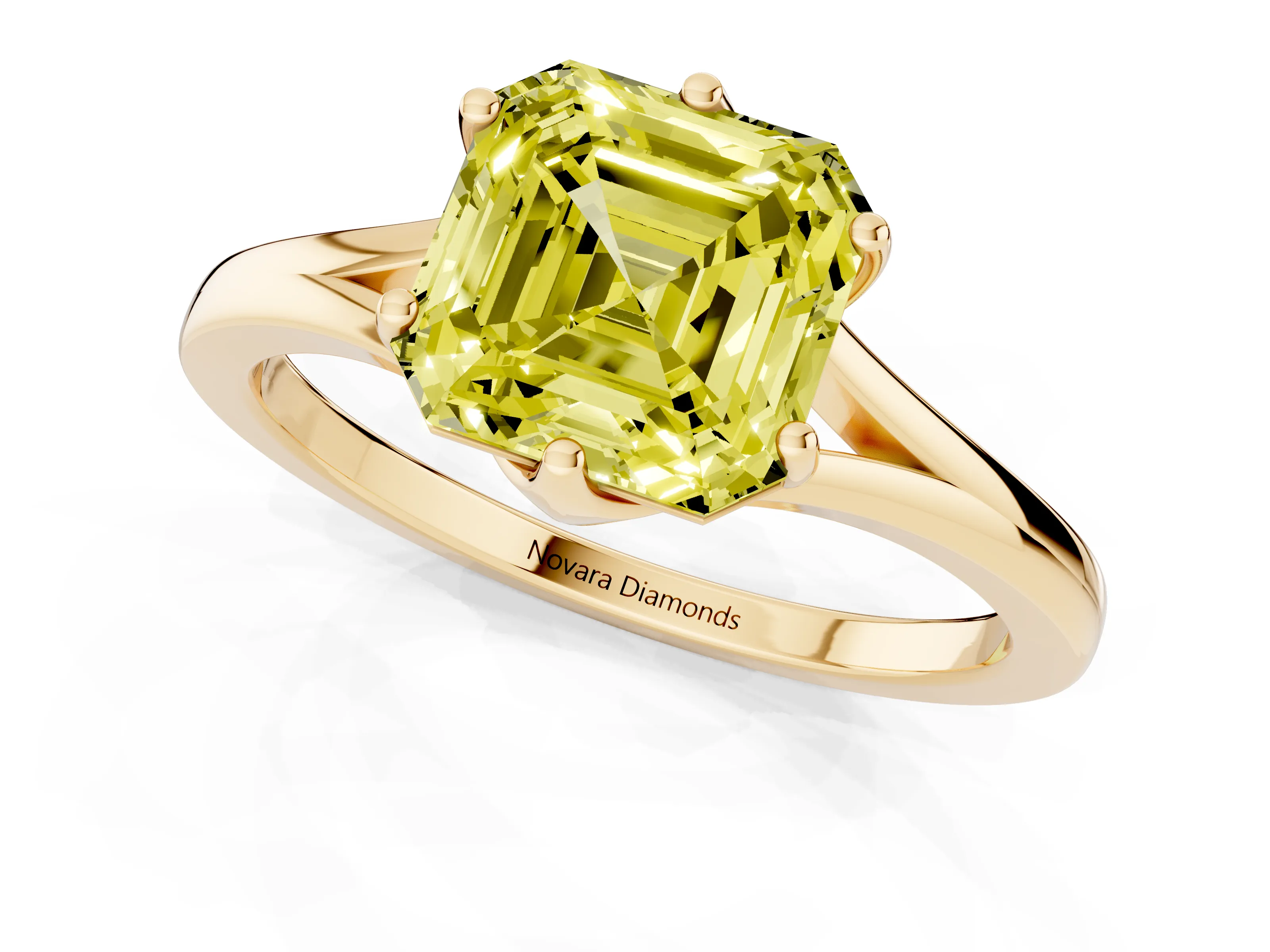 Fancy Yellow Asscher Cut Diamond Solitaire Ring Set in Yellow gold with Polished Tapered Band and Prong Setting
