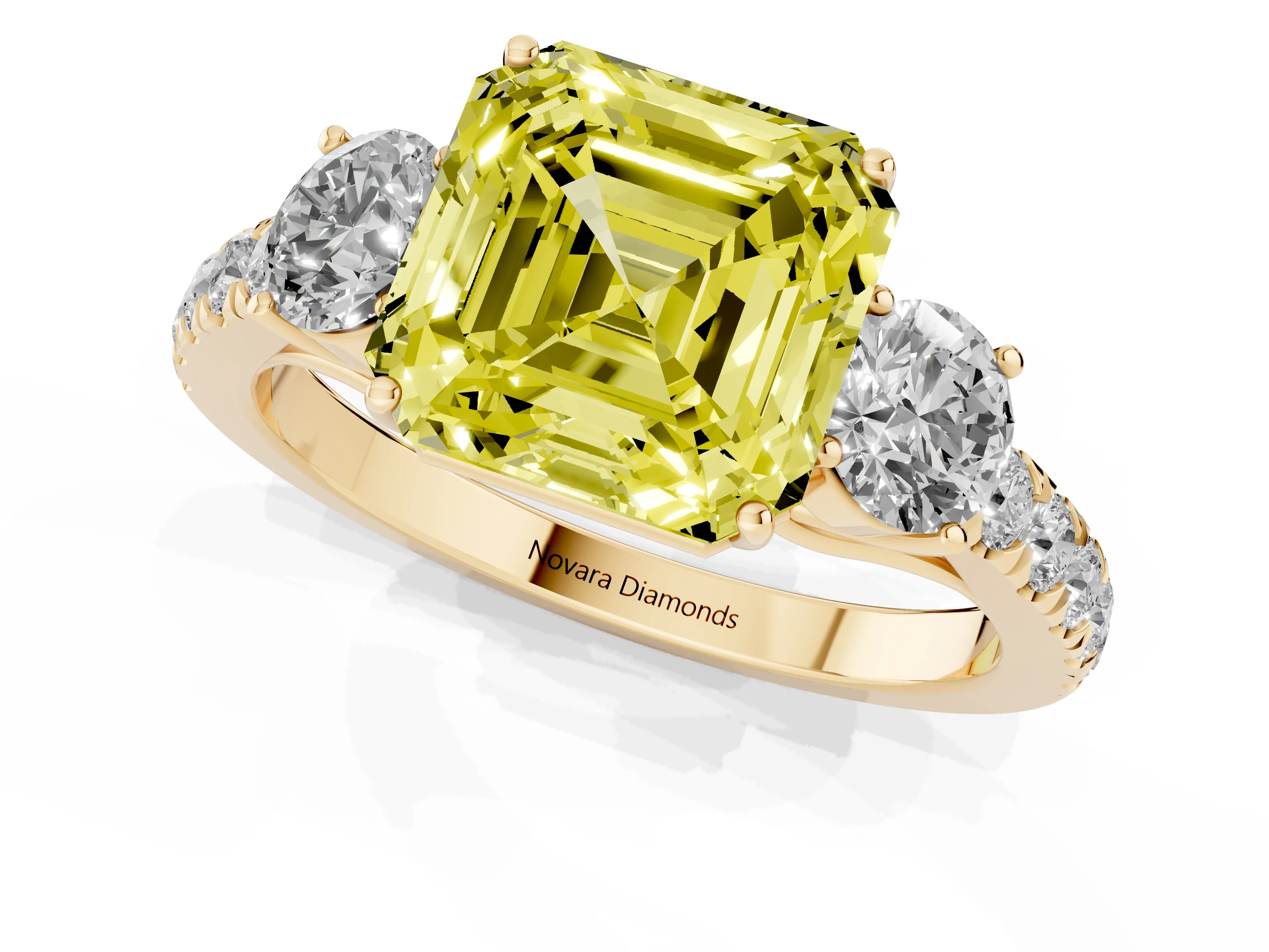 Fancy Yellow Asscher Cut Diamond Three-Stone Ring Set in Yellow gold with Round Side Stones and Delicate Pavé Band