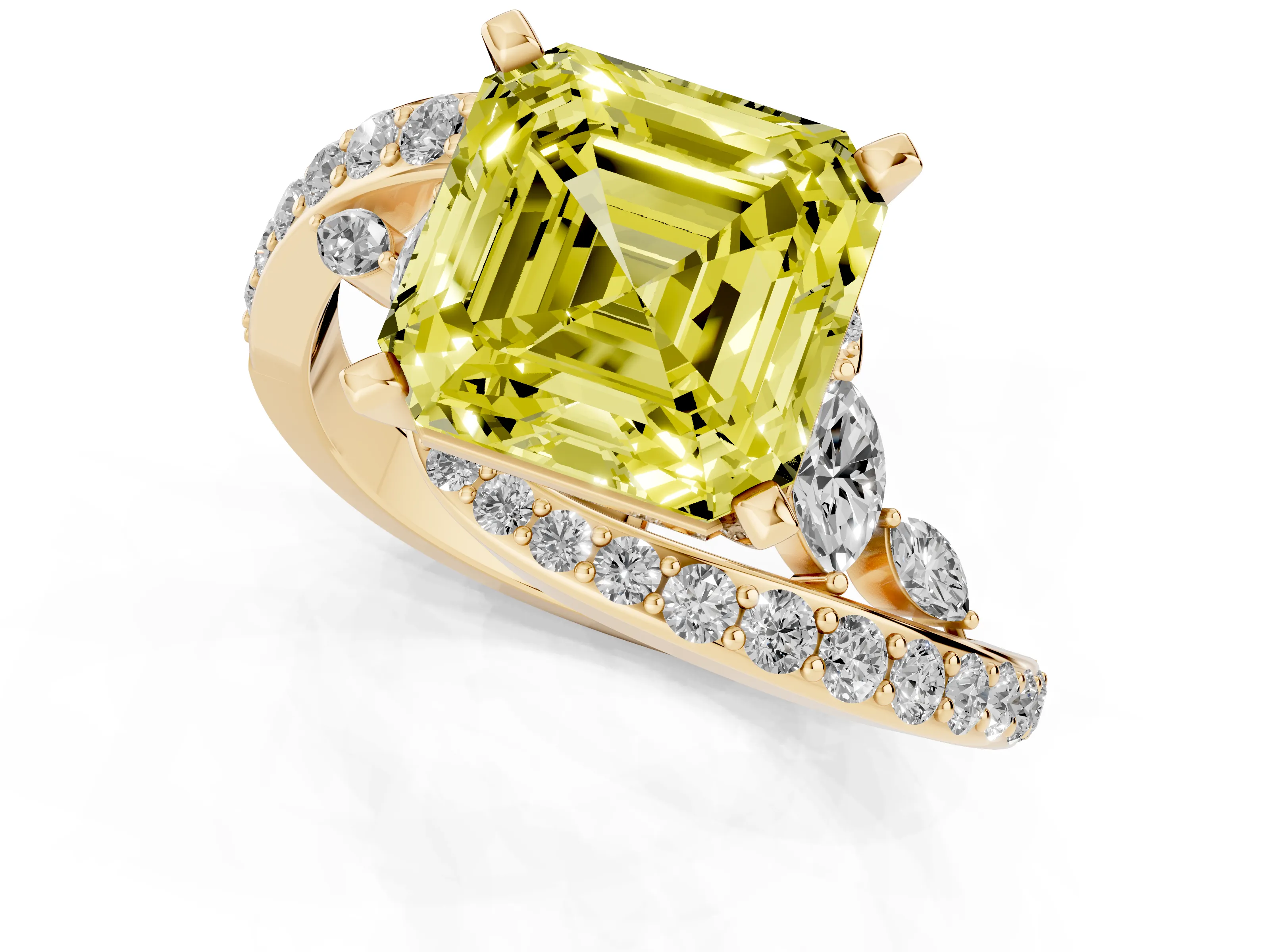 Fancy Yellow Asscher Cut Diamond Solitaire Ring Set in Yellow gold with Pavé Twist Band and Secure Prong Setting