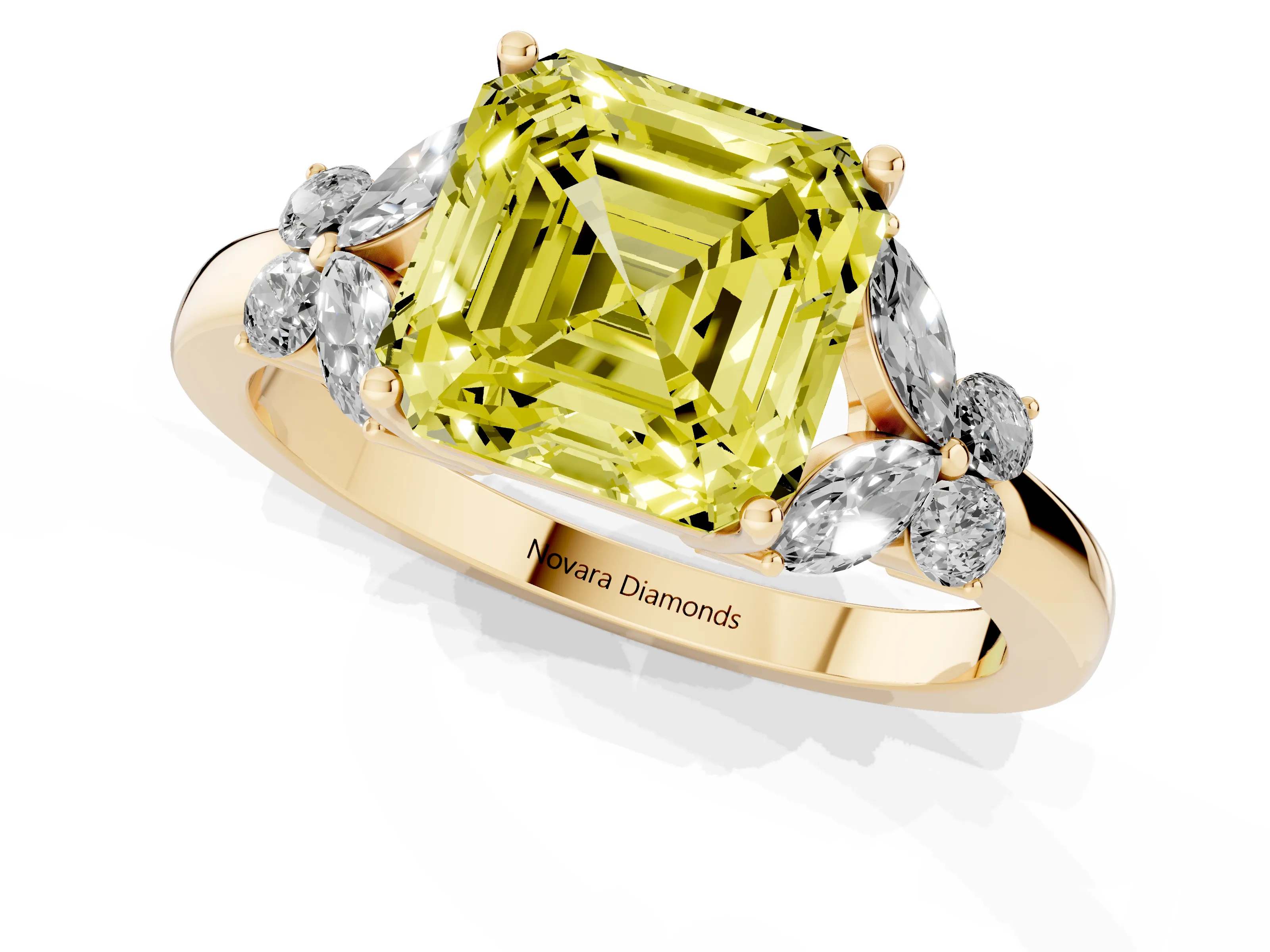 Fancy Yellow Asscher Cut Diamond Solitaire Floral Ring Set in Yellow gold with Marquise Petals and Prong Setting