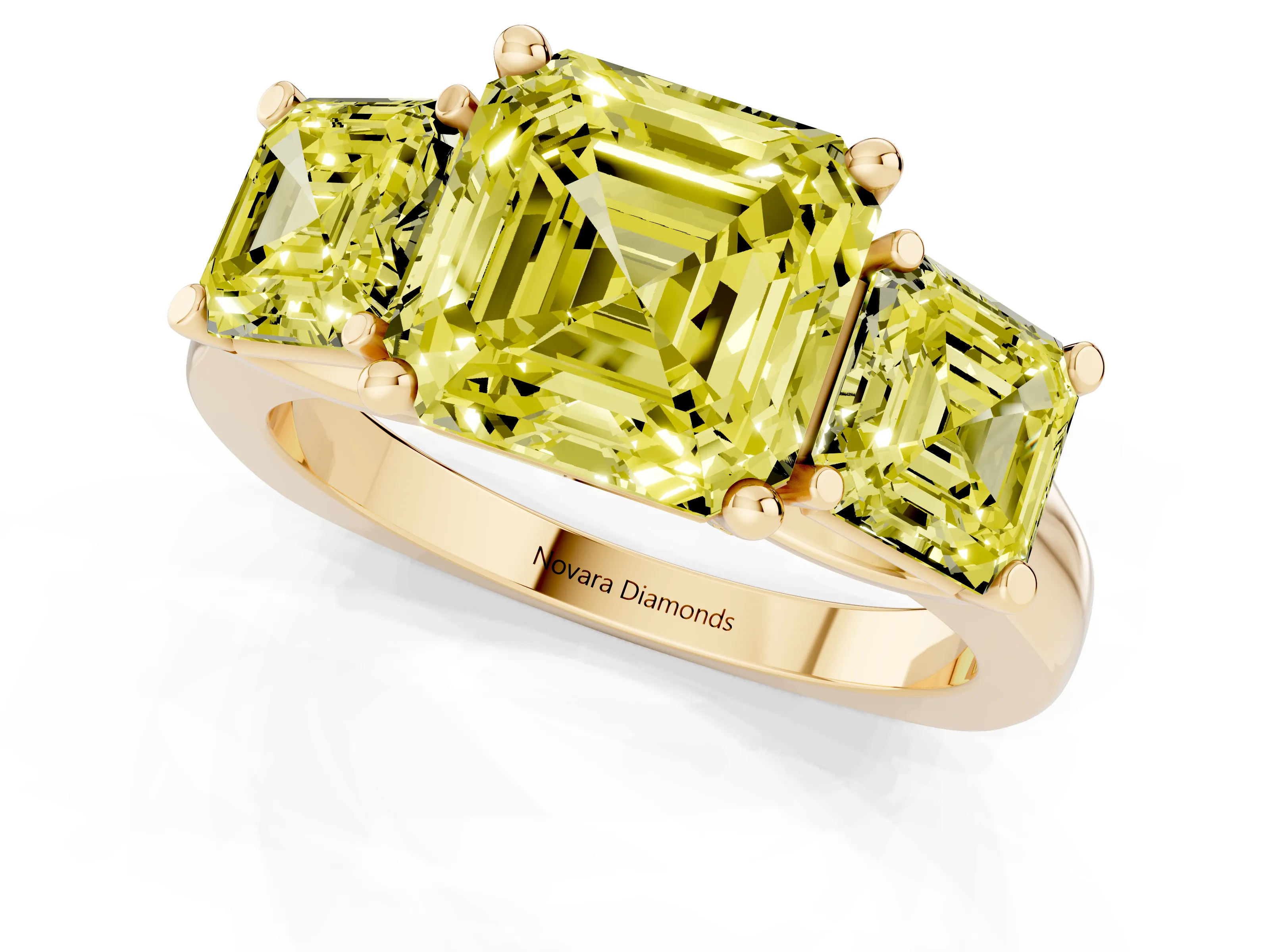 Fancy Yellow Asscher Cut Diamond Three-Stone Trellis Ring Set in Yellow gold with Comfort Fit Band