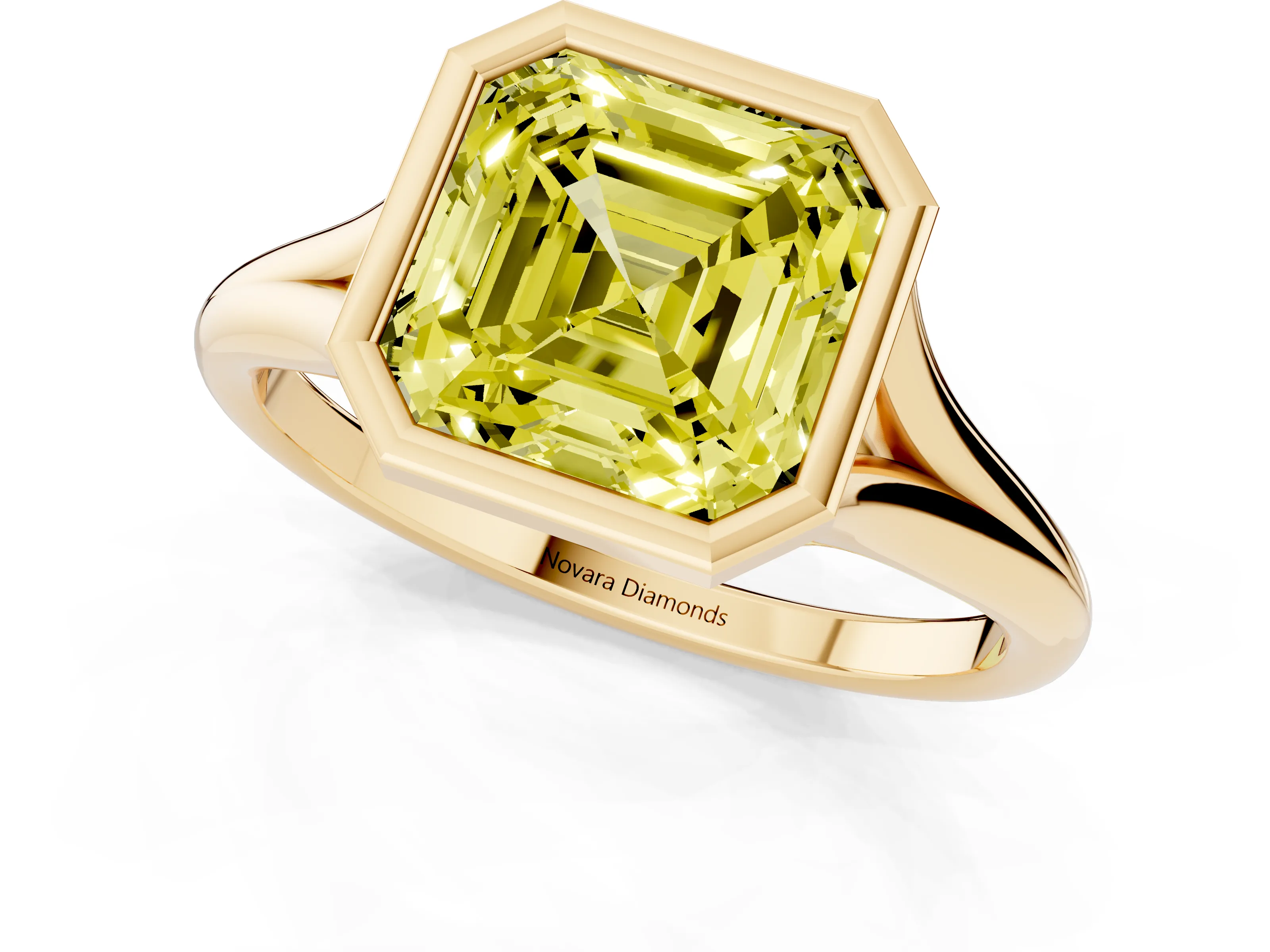 Fancy Yellow Bezel Set Asscher Cut Diamond Solitaire Ring Set in Yellow gold with Tapered Band