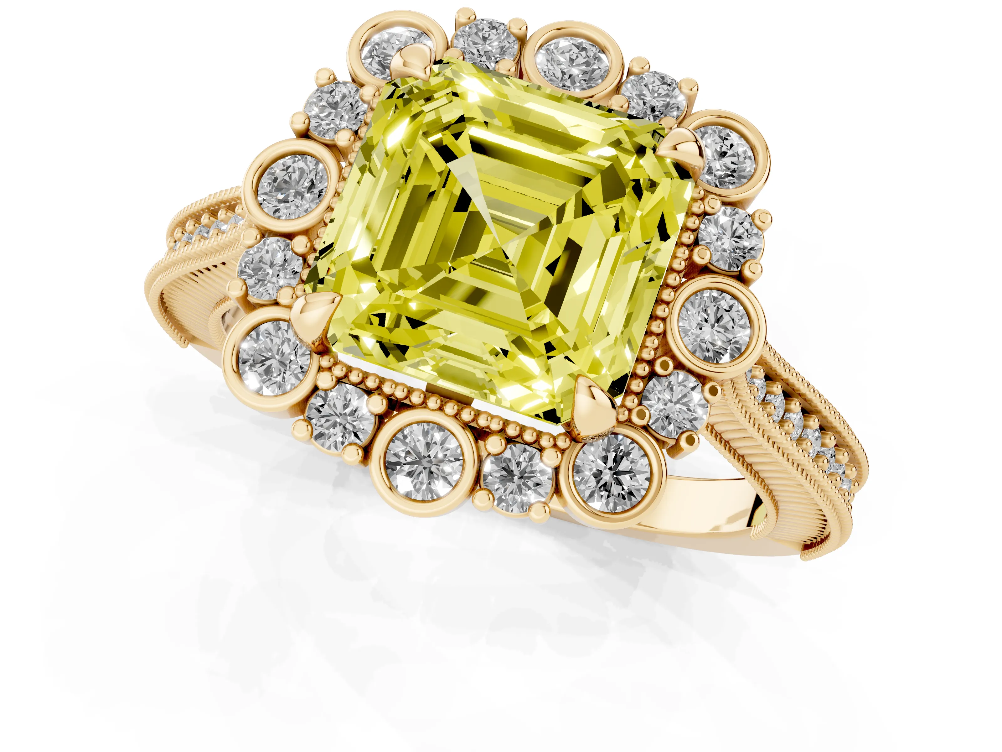 Fancy Yellow Asscher Cut Diamond Halo Milgrain Pavé Ring Set in Yellow gold with Prong Setting