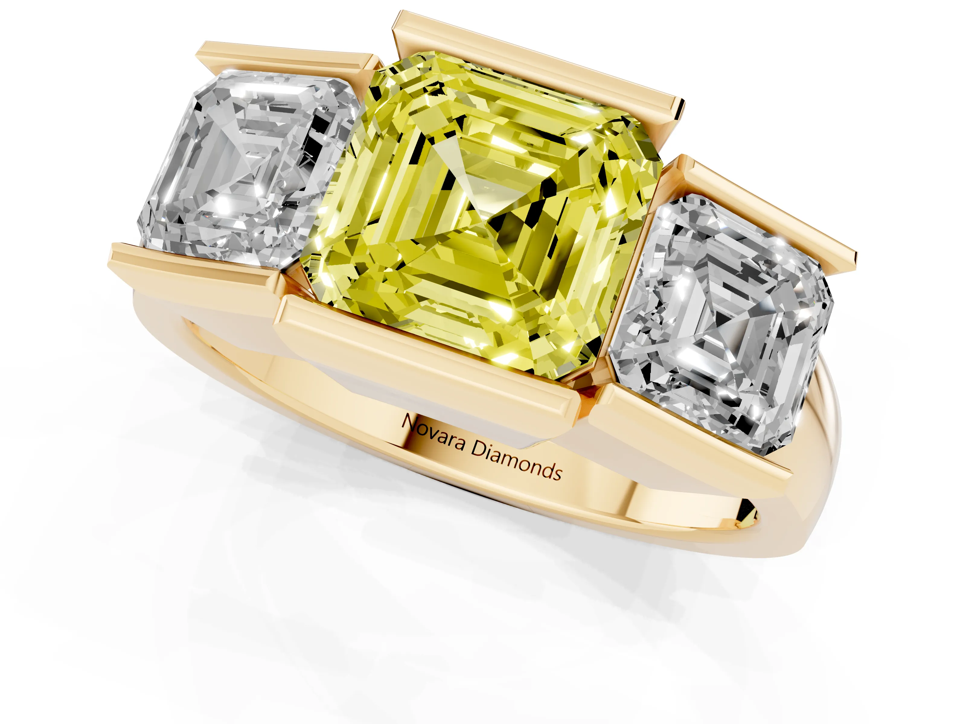 Fancy Yellow Asscher Cut Diamond Three-Stone Channel Set Ring Set in Yellow gold with Smooth Polished Band