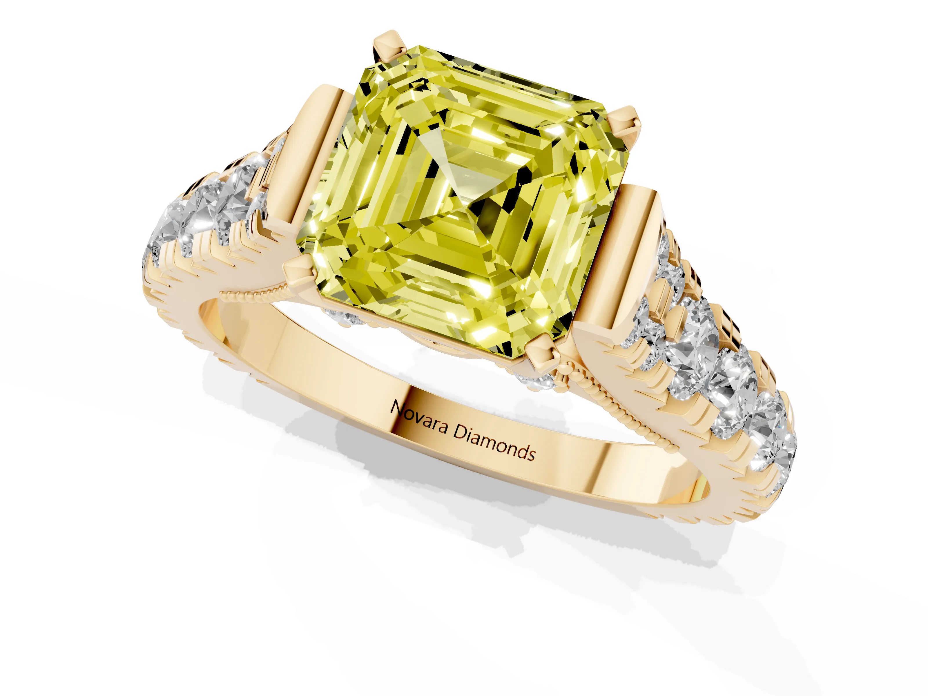 Fancy Yellow Asscher Cut Diamond Classic Solitaire Ring Set in Yellow gold with Pavé Band and Prong Setting