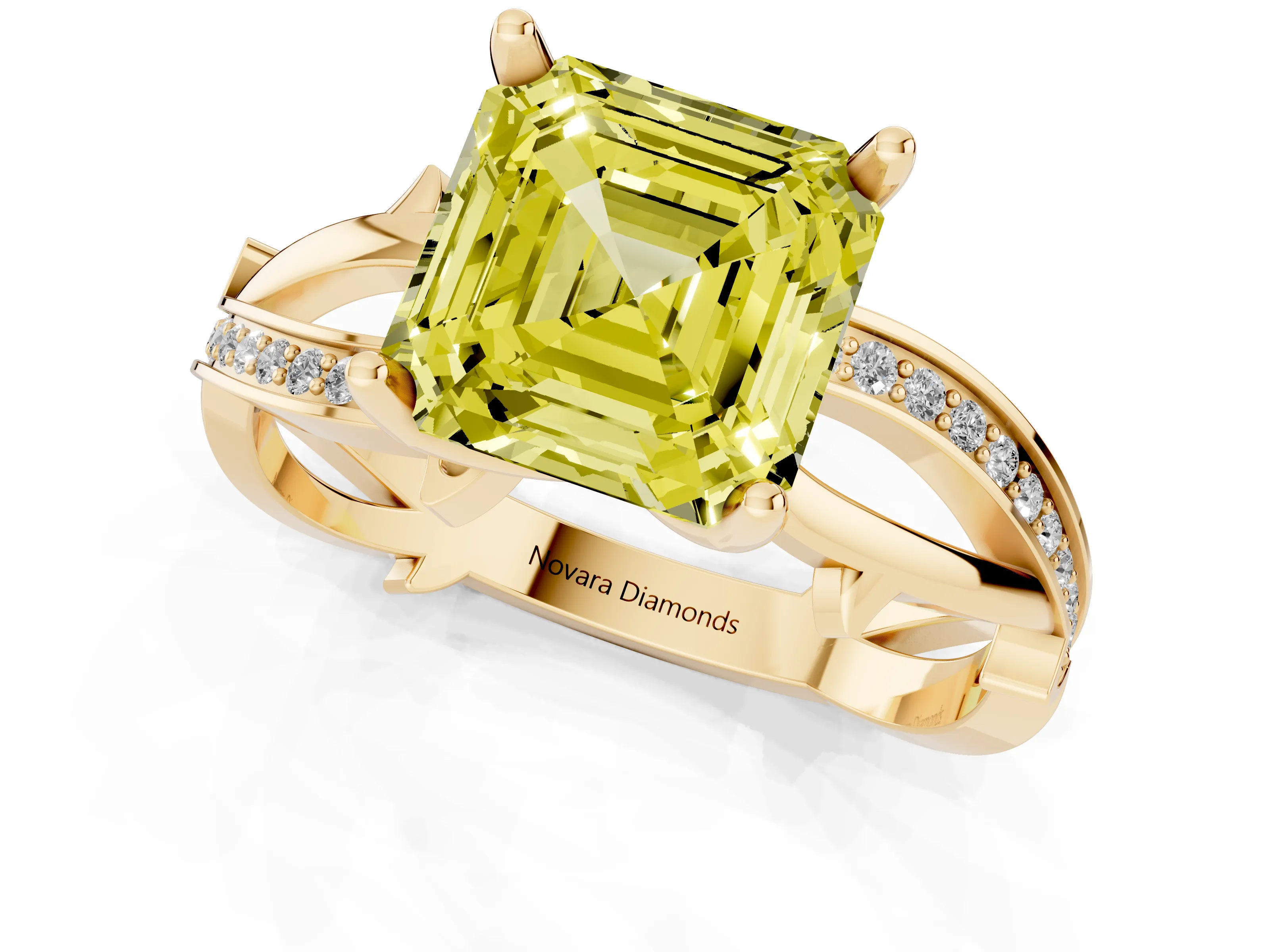 Fancy Yellow Asscher Cut Diamond Pavé Twist Band Solitaire Ring Set in Yellow gold with Prong Setting