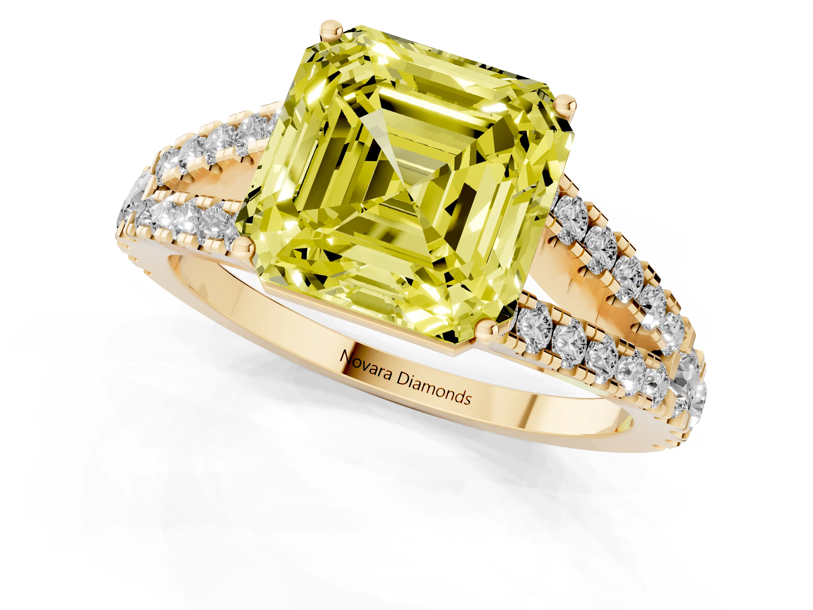 Fancy Yellow Asscher Cut Diamond Split Shank Pavé Engagement Ring Set in Yellow gold with Prong-Held Center Stone