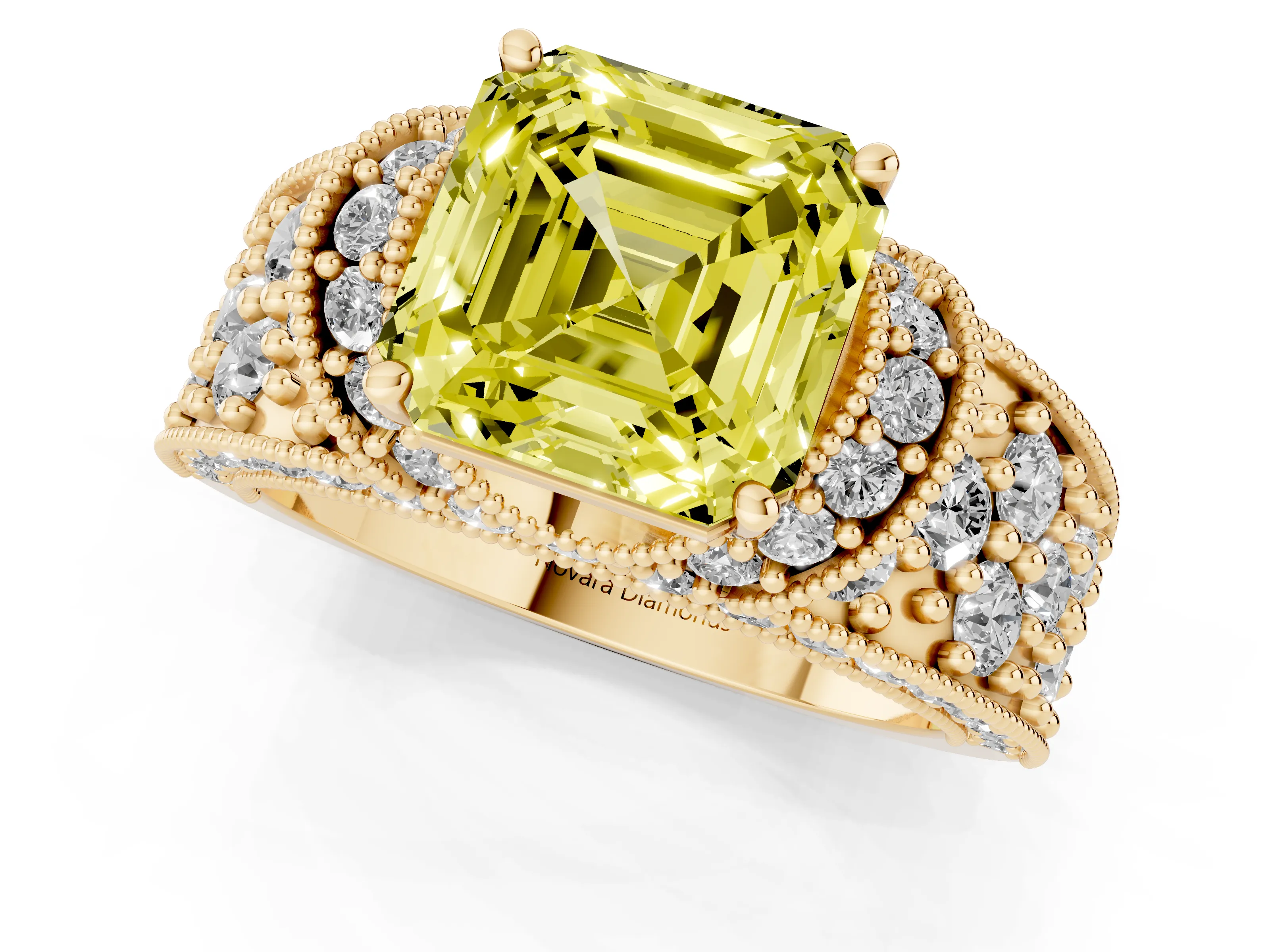 Fancy Yellow Asscher Cut Diamond Milgrain Halo Pavé Engagement Ring Set in Yellow gold with Prong Setting