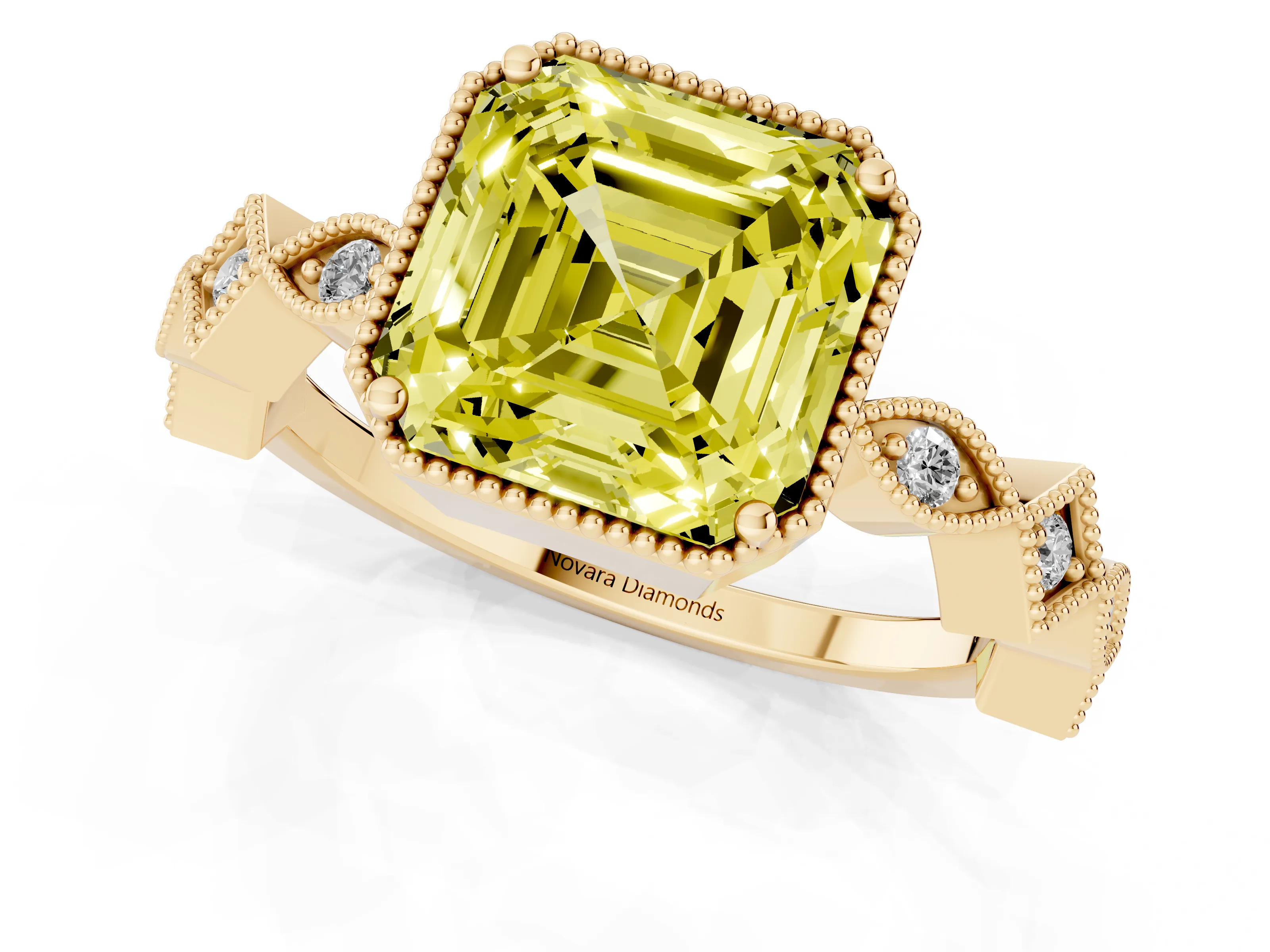 Fancy Yellow Asscher Cut Diamond Milgrain Marquise Twist Band Ring Set in Yellow gold with Prong Setting