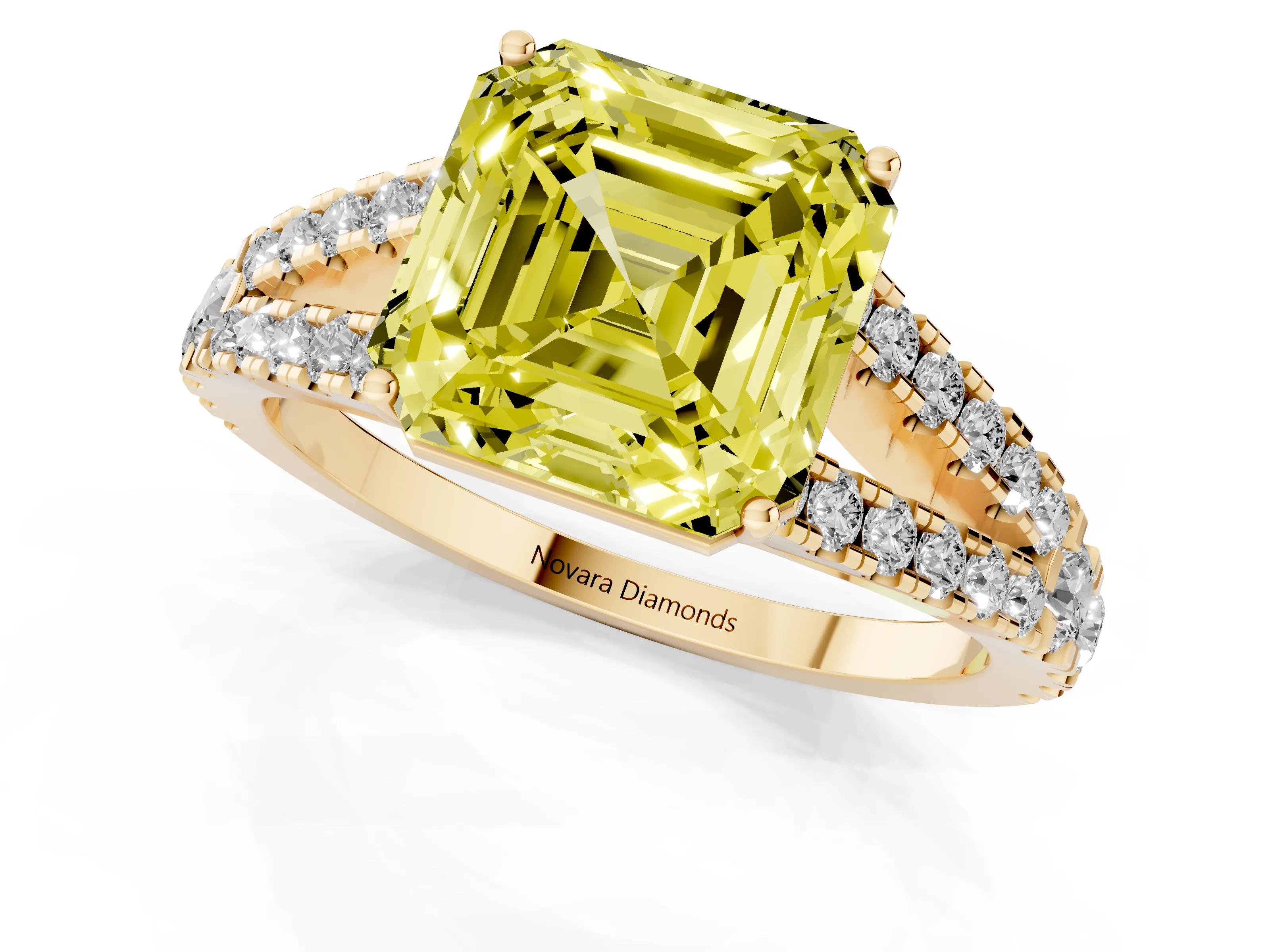 Fancy Yellow Asscher Cut Diamond Split Shank Engagement Ring Set in Yellow gold with Round Pavé and Prong Setting – second view