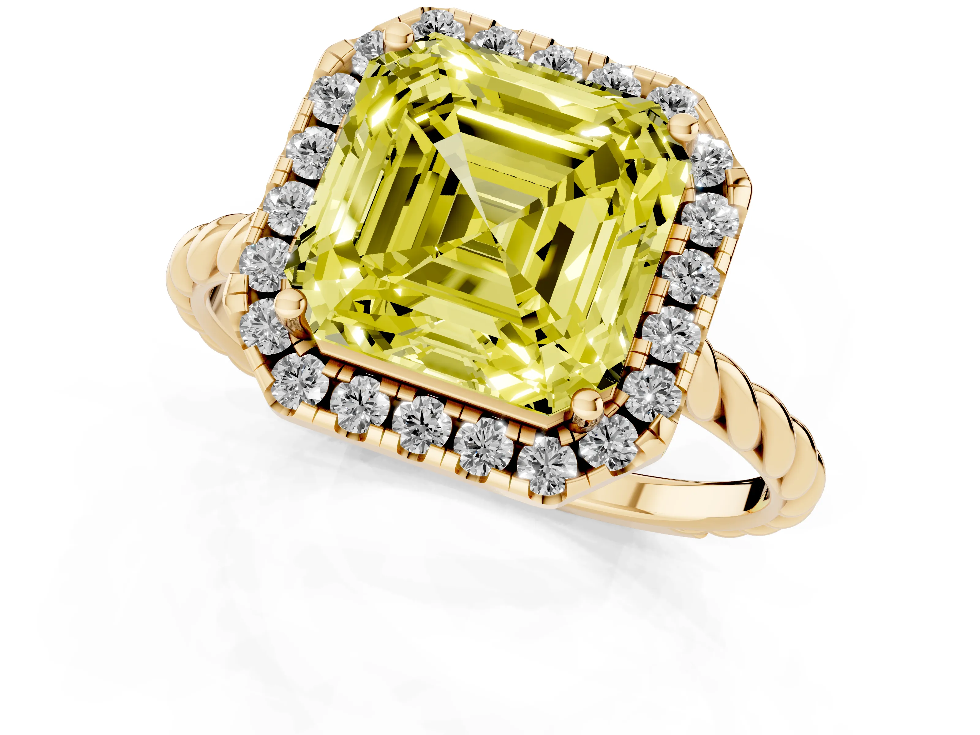 Fancy Yellow Asscher Cut Diamond Halo Ring Set in Yellow gold with Plain Twisted Band