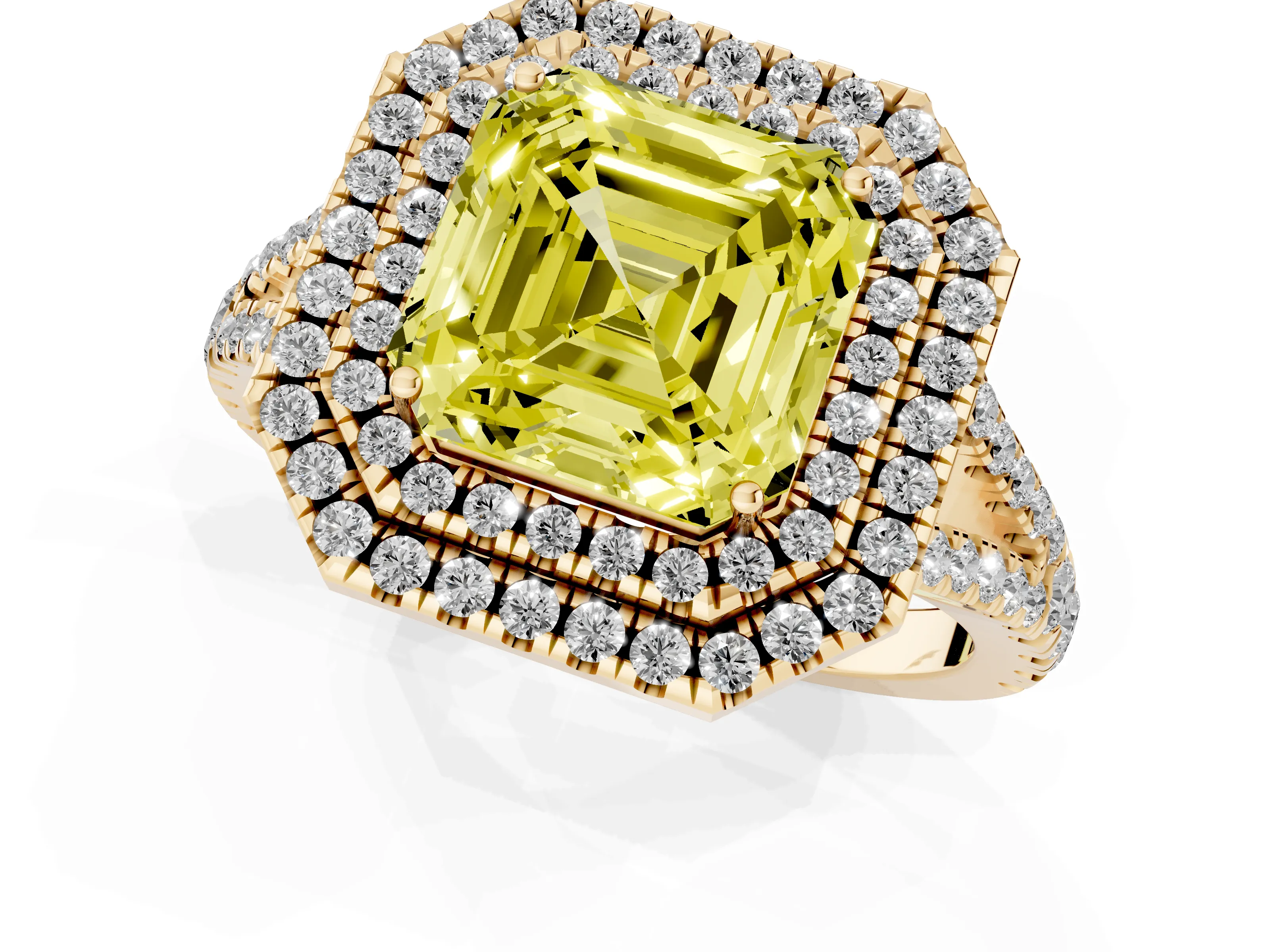 Fancy Yellow Asscher Cut Diamond Double Halo Ring Set in Yellow gold with Pavé Band