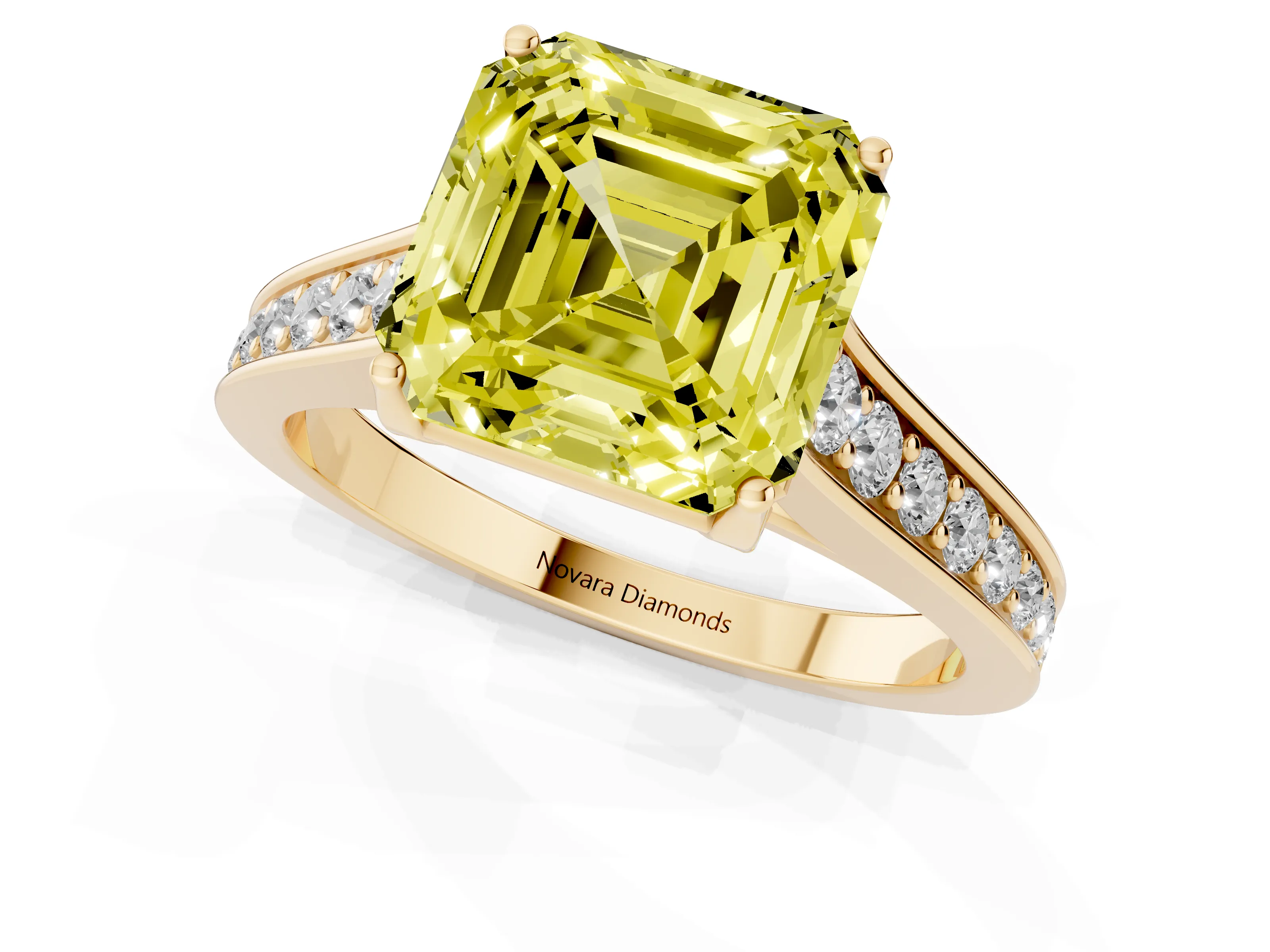Fancy Yellow Asscher Cut Diamond Solitaire Pavé Engagement Ring Set in Yellow gold with Prong Setting