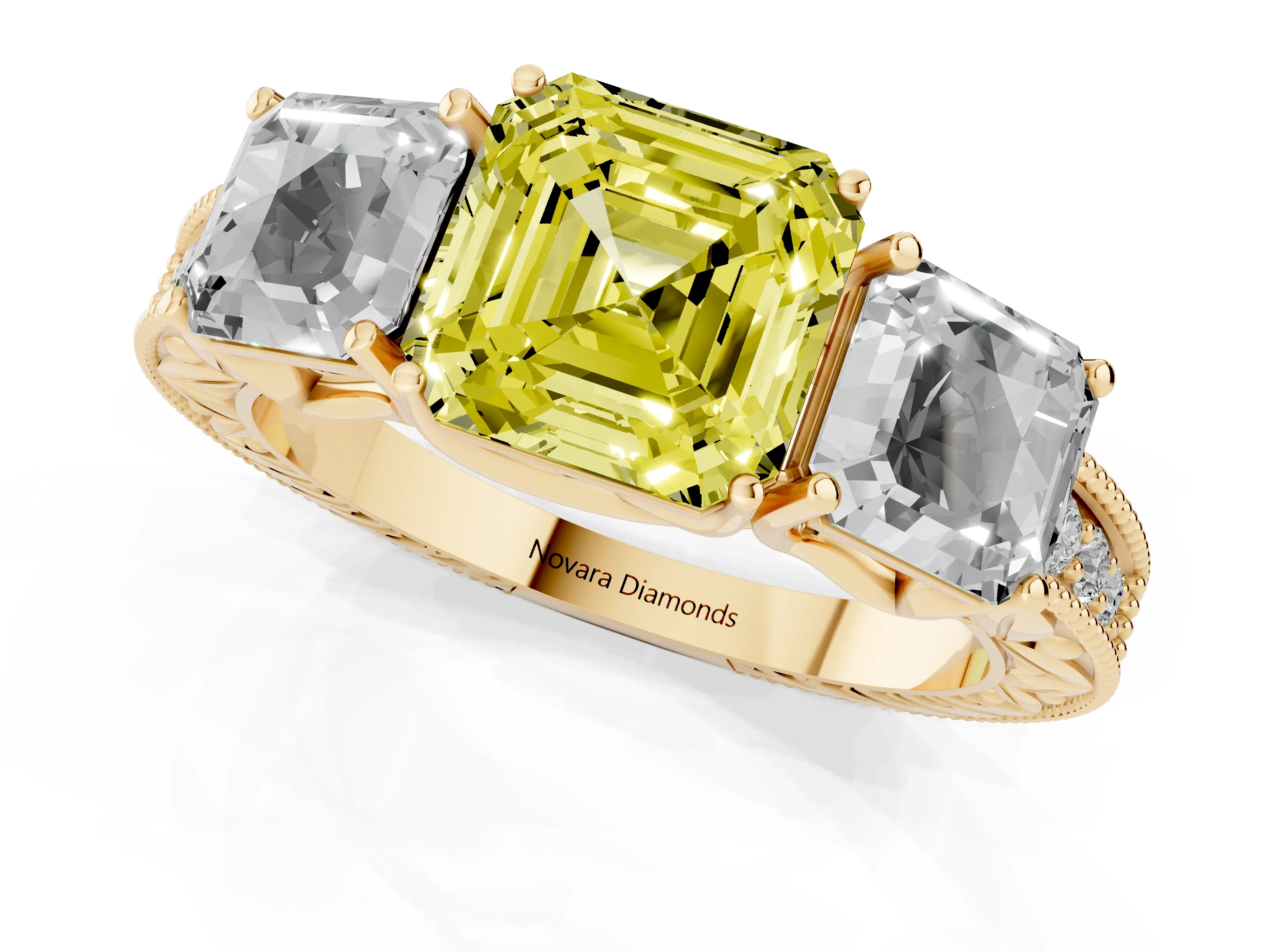 Fancy Yellow Asscher Cut Diamond Three-Stone Engagement Ring Set in Yellow gold with Milgrain Pavé Band