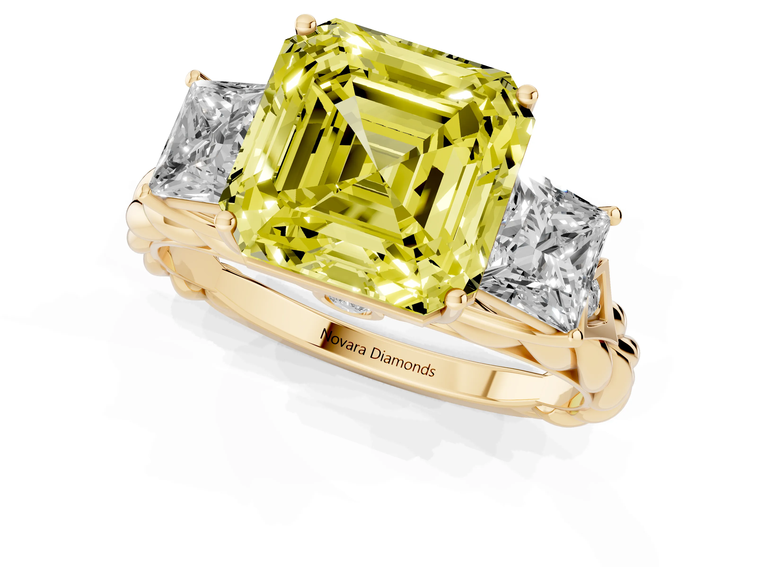 Fancy Yellow Asscher Cut Diamond Three-Stone Ring Set in Yellow gold with Braided Band