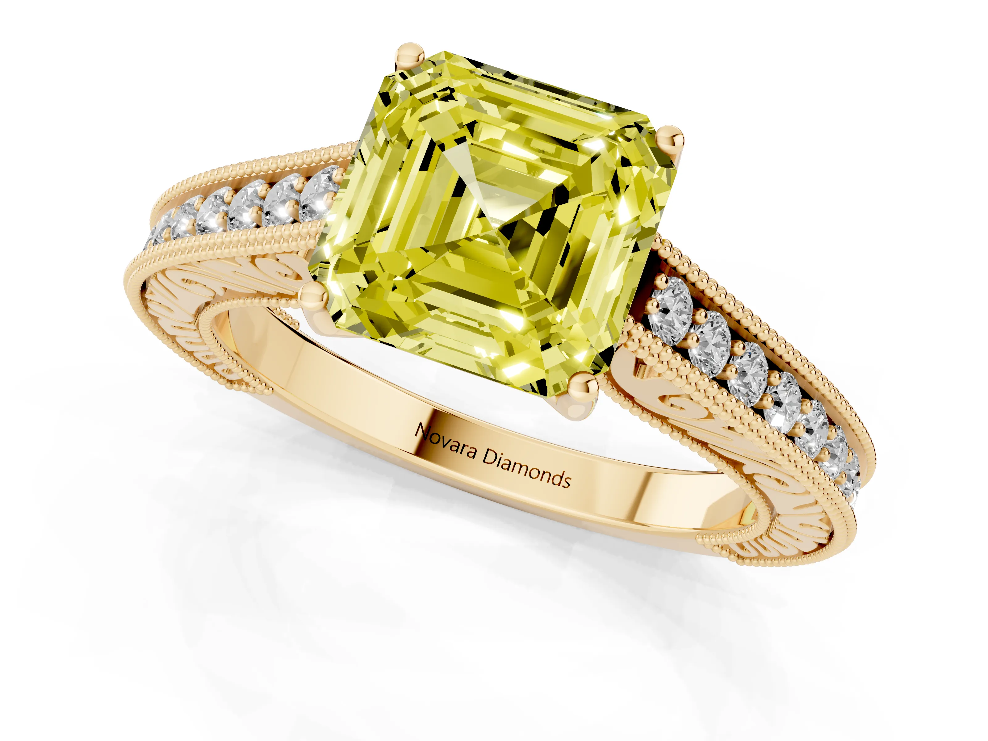 Fancy Yellow Asscher Cut Diamond Milgrain Pavé Band Solitaire Ring Set in Yellow gold with Prong Setting