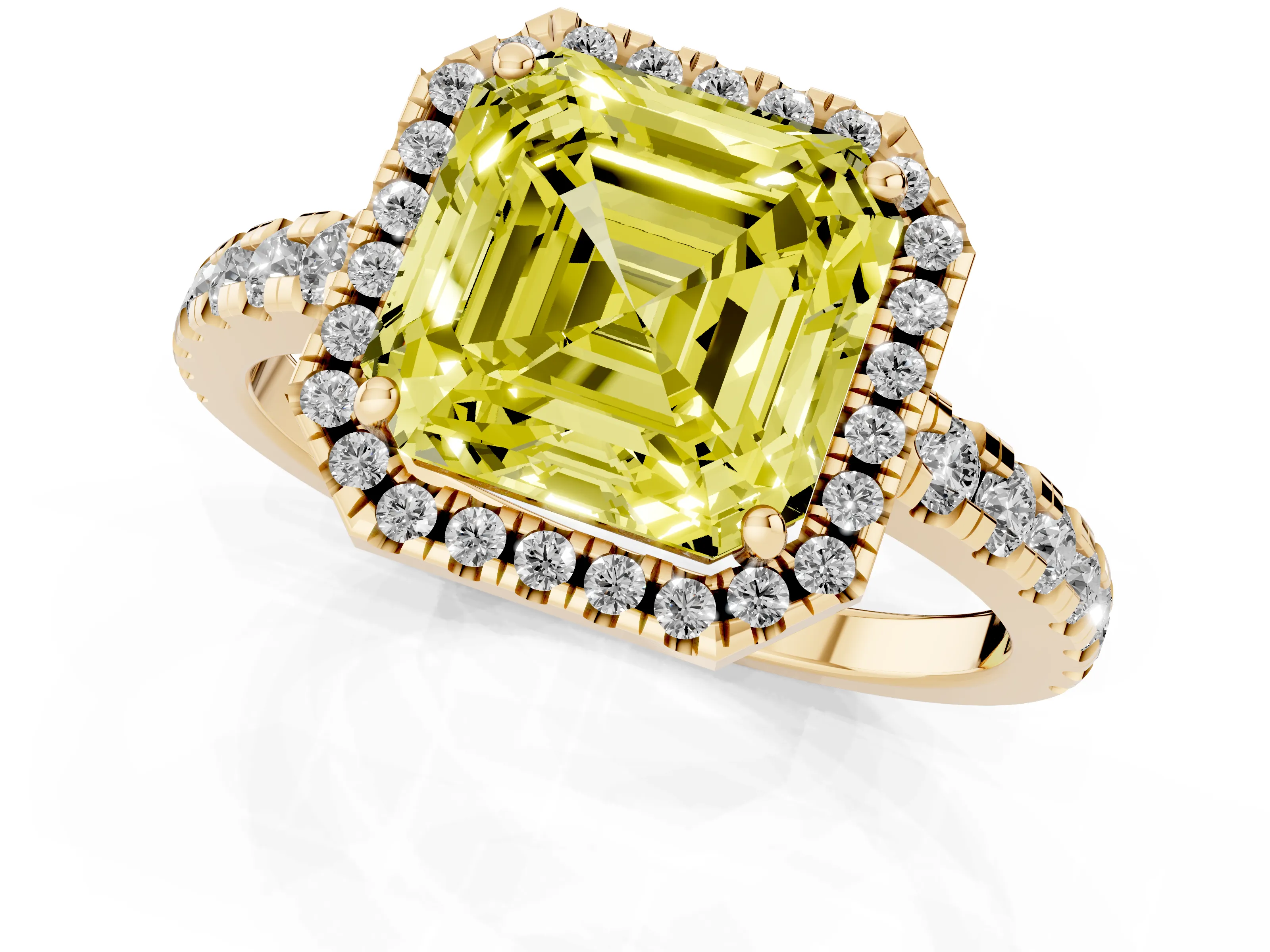 Fancy Yellow Asscher Cut Diamond Halo Ring Set in Yellow gold with Delicate Pavé Band and Prong Setting